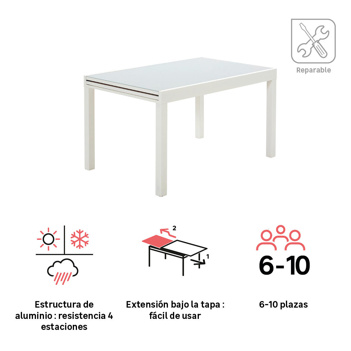 Mesa de jardín extensible de aluminio Lyra blanco de 135/270x90 cm - 3