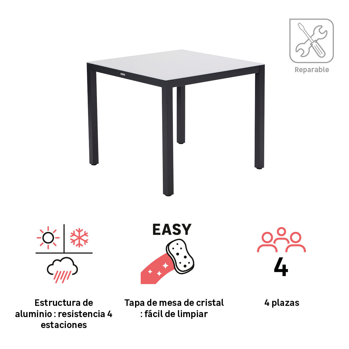 Mesa de jardín de comedor de aluminio Lyra gris de 90x75x90 cm - 4