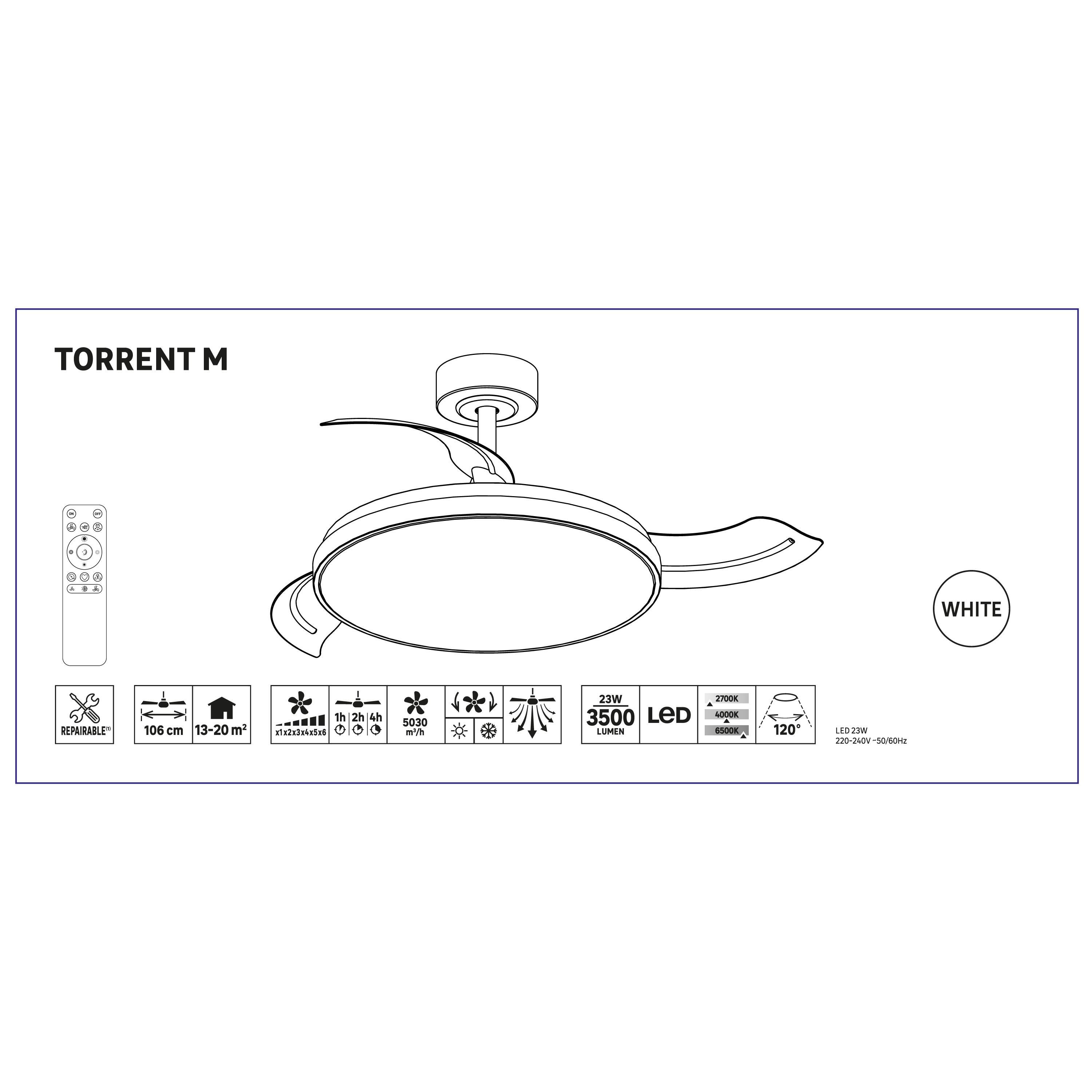Ventilador de techo con luz silencioso DC 22W con mando ø106 cm Torrent blanco luz CCT 3 aspas retráctiles tipo lámpara| 6 velocidades| modo verano/invierno| recomendado de 13 a 20m² - 6