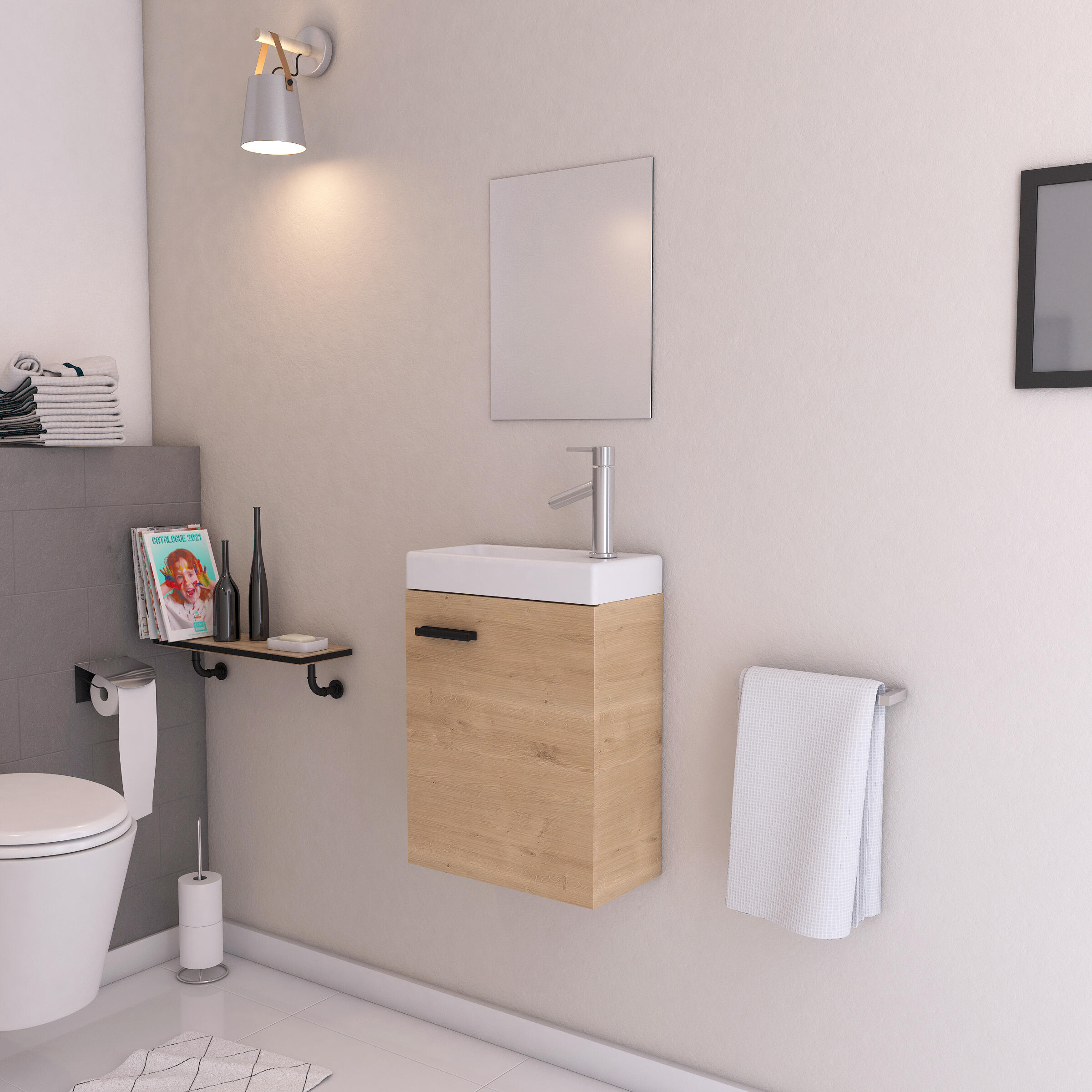 Meuble lave-main Sweet suspendu L41 x H54 x P22 – Vasque céramique & miroir orientable - 3