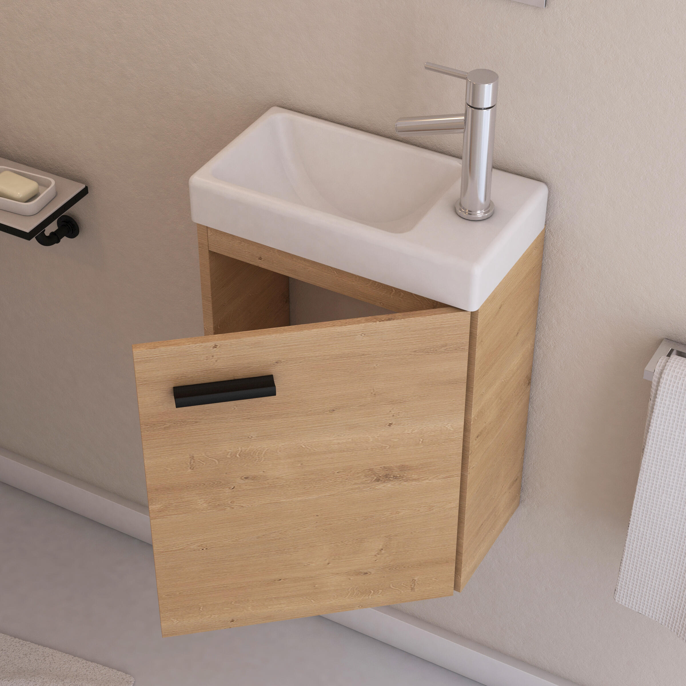 Meuble lave-main Sweet suspendu L41 x H54 x P22 – Vasque céramique & miroir orientable - 2