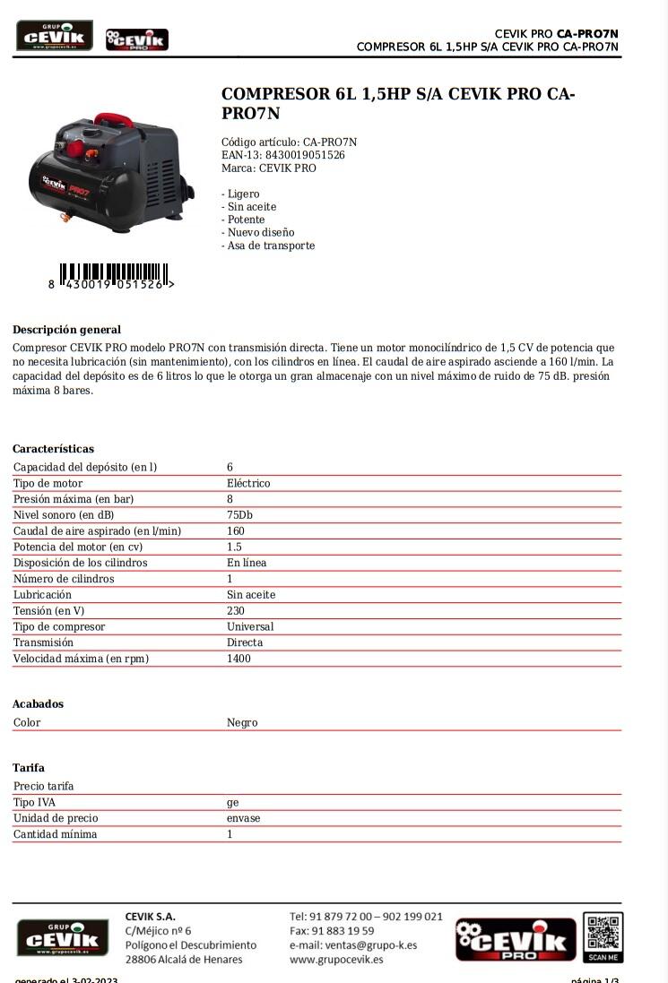 COMPRESOR DE AIRE CEVIK PRO CA-PRO7N 6L 1.5CV - 2