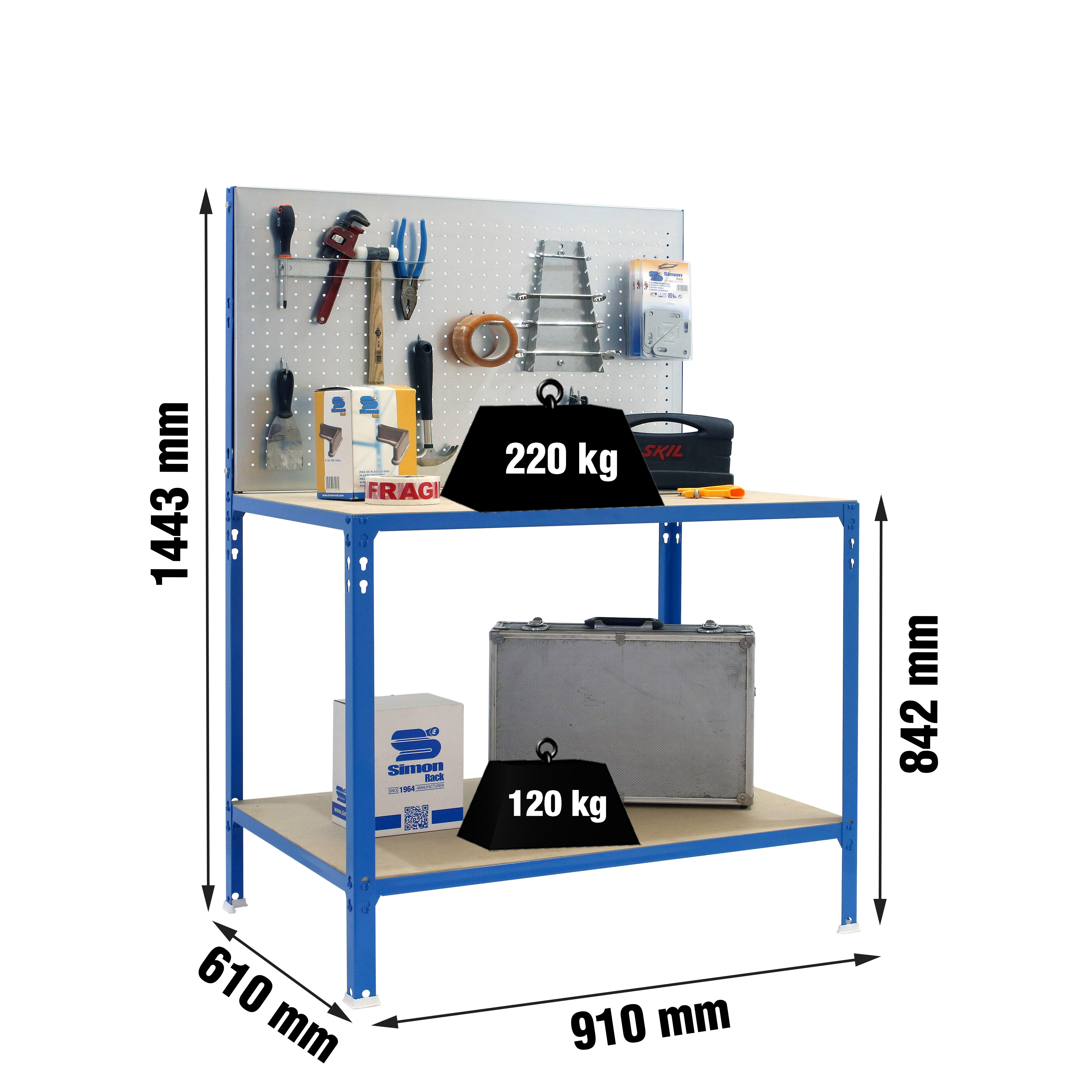 Bancada de trabalho 144x90x60 cm azul e cinza 220 Kg Simonrack BT2 Eco - 3
