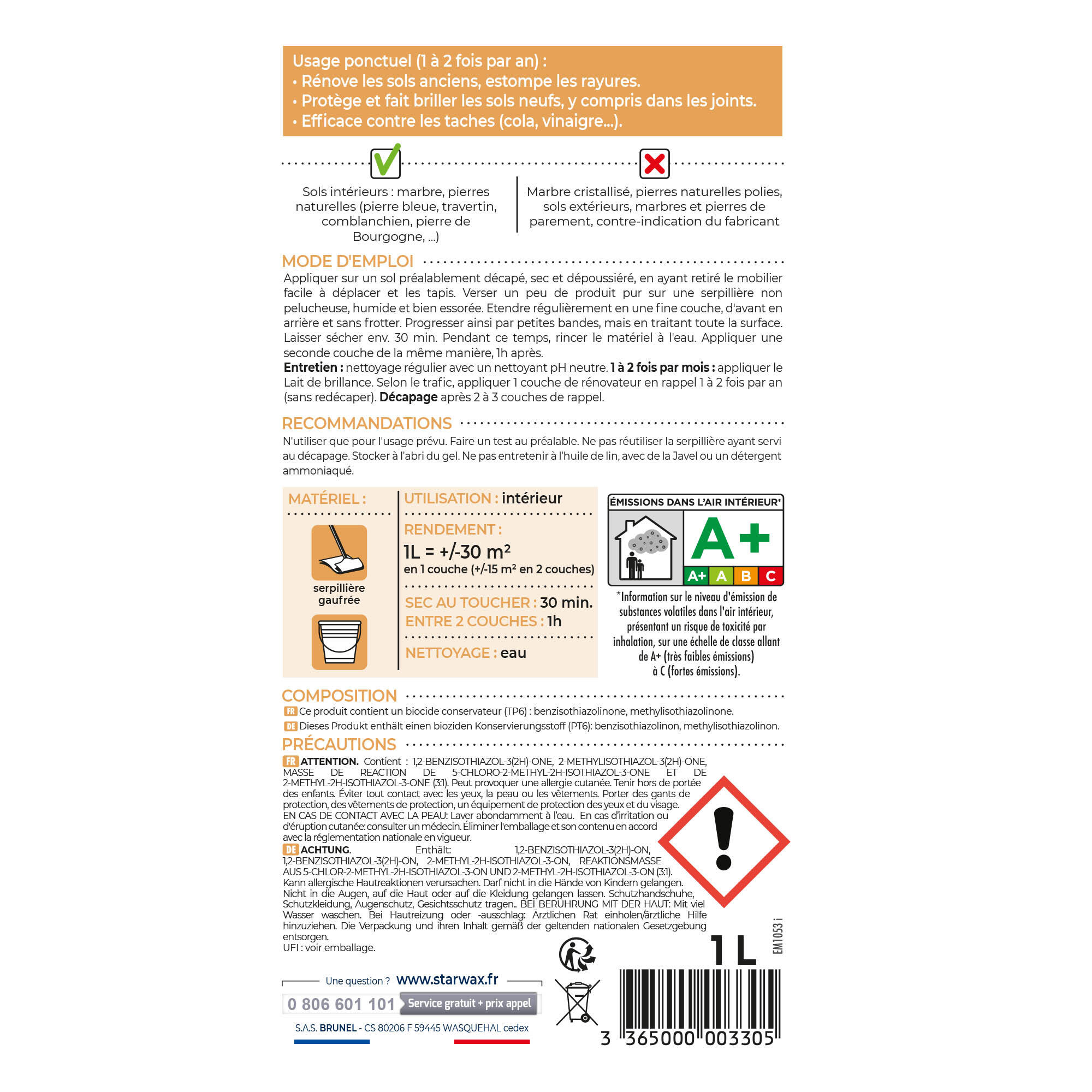 Rénovateur pierre naturelle / marbre STARWAX Brillant, 1L, 1Kg - 4