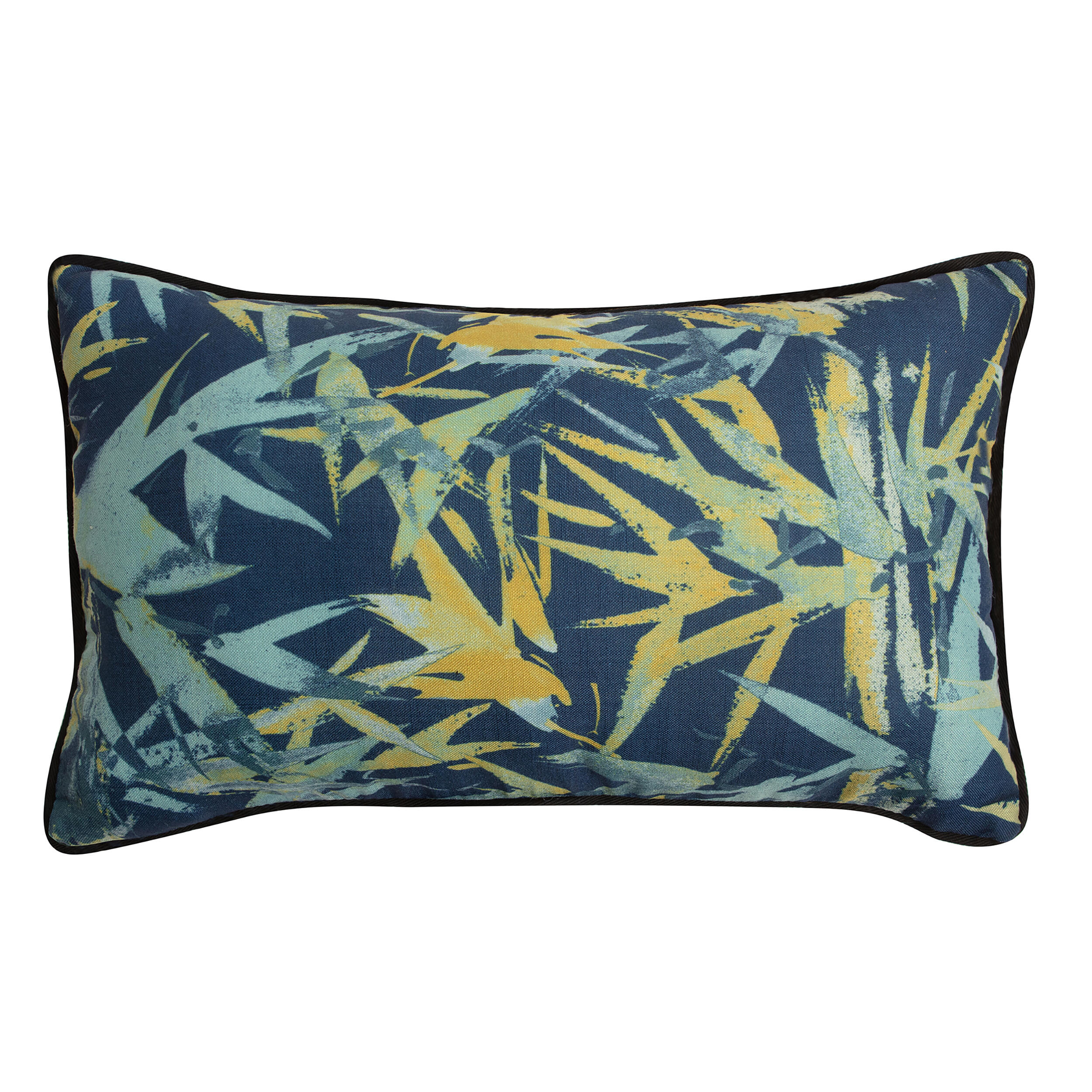 Cojín decorativo rectangular nagsia planta algodón poliéster azul con motivos vegetales en color amarillo y celeste. passepoil 50x30cm