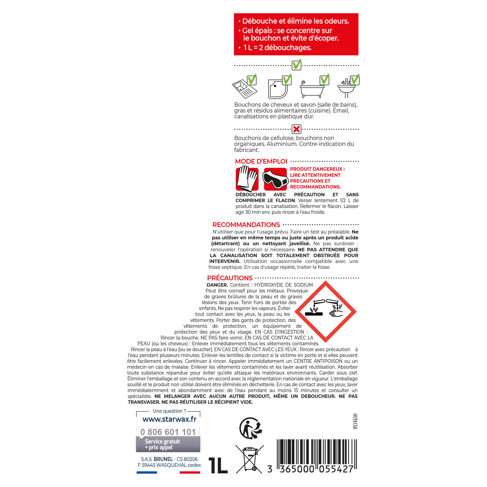 Déboucheur STARWAX Gel a la soude eau stagnante, 1L - 5