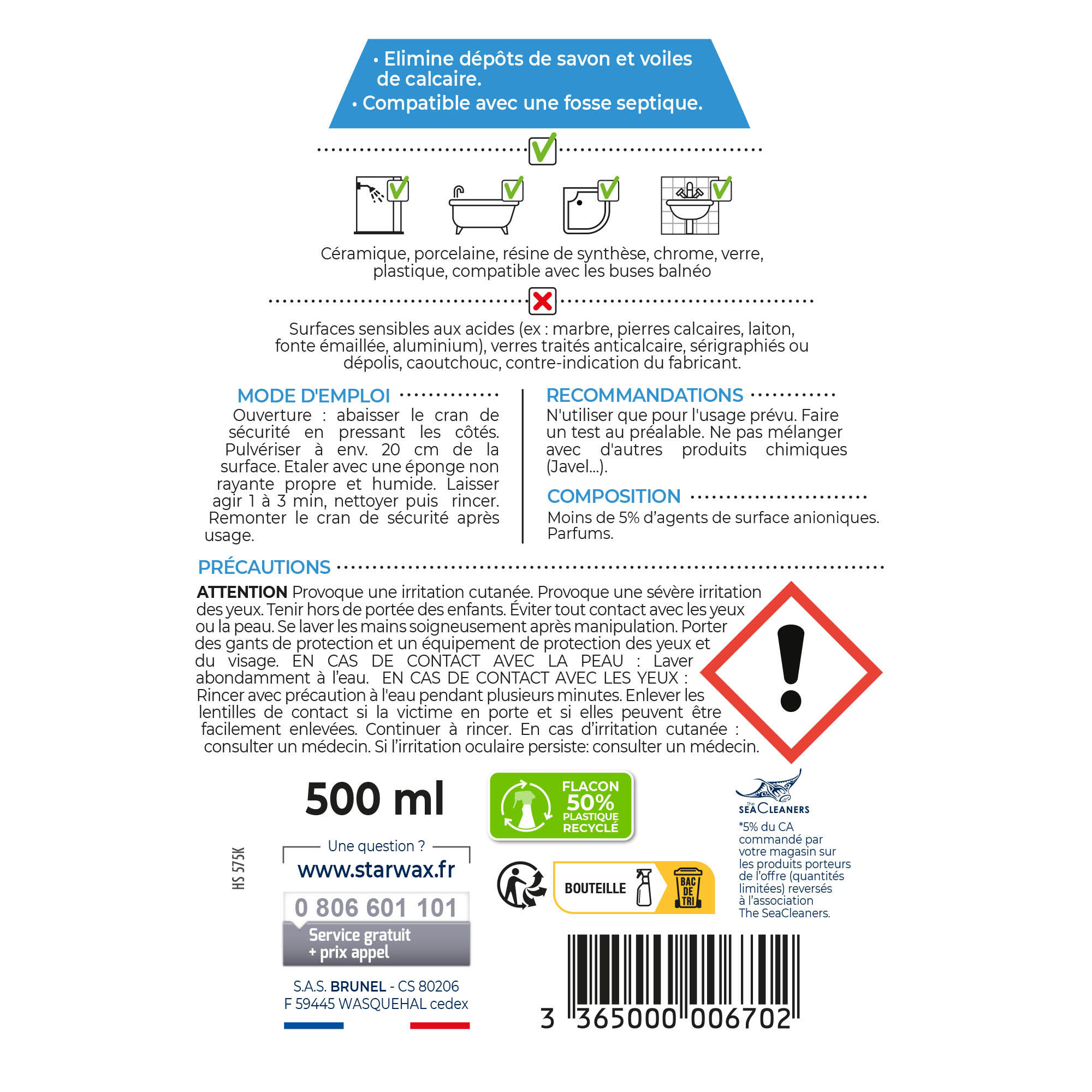 Détartrant STARWAX Cabine de douche, 0.5L - 6