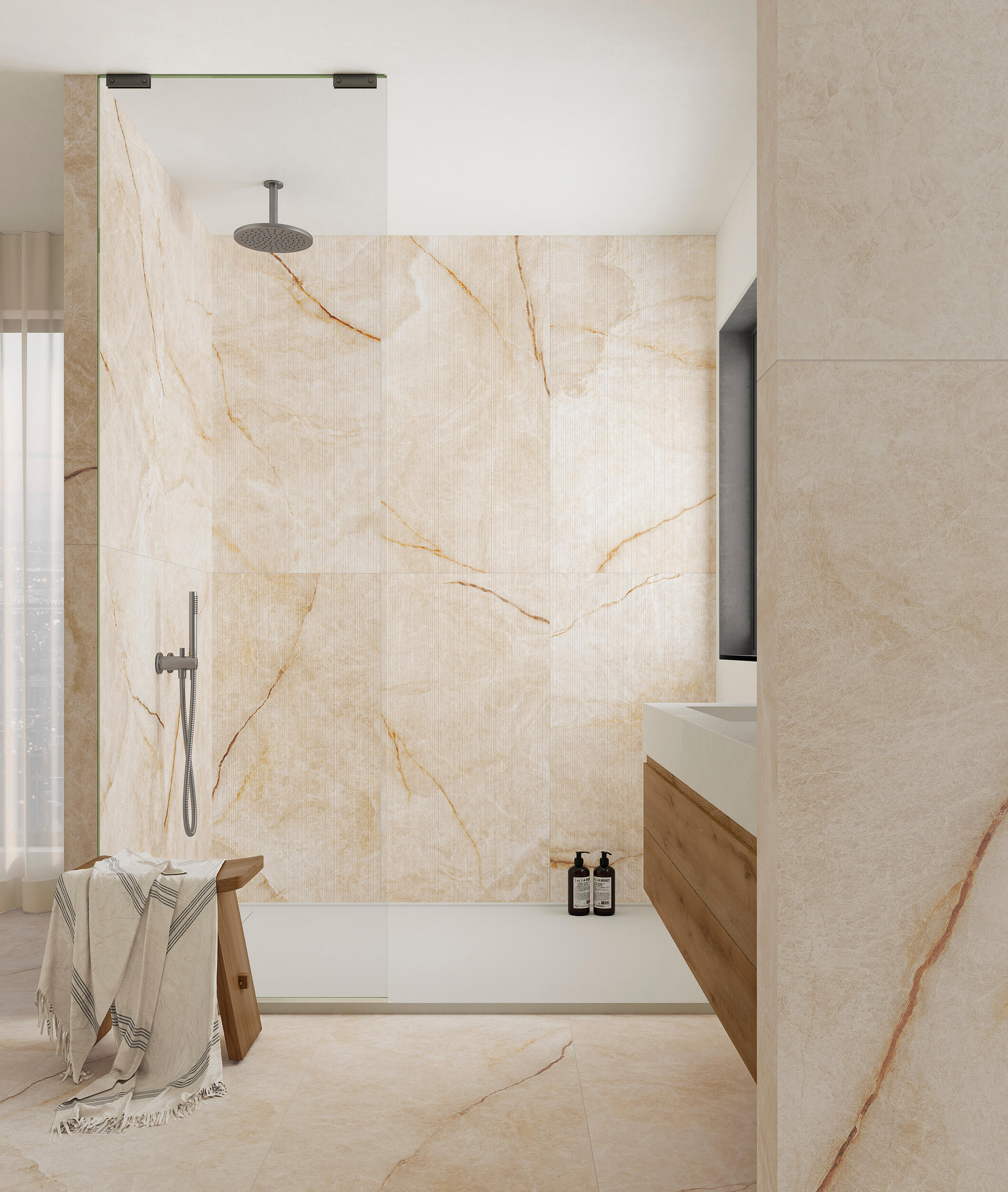 Azulejo/suelo porcelánico nuvola efecto mármol gold gama ambar crema 59.1x119.1 cm c1