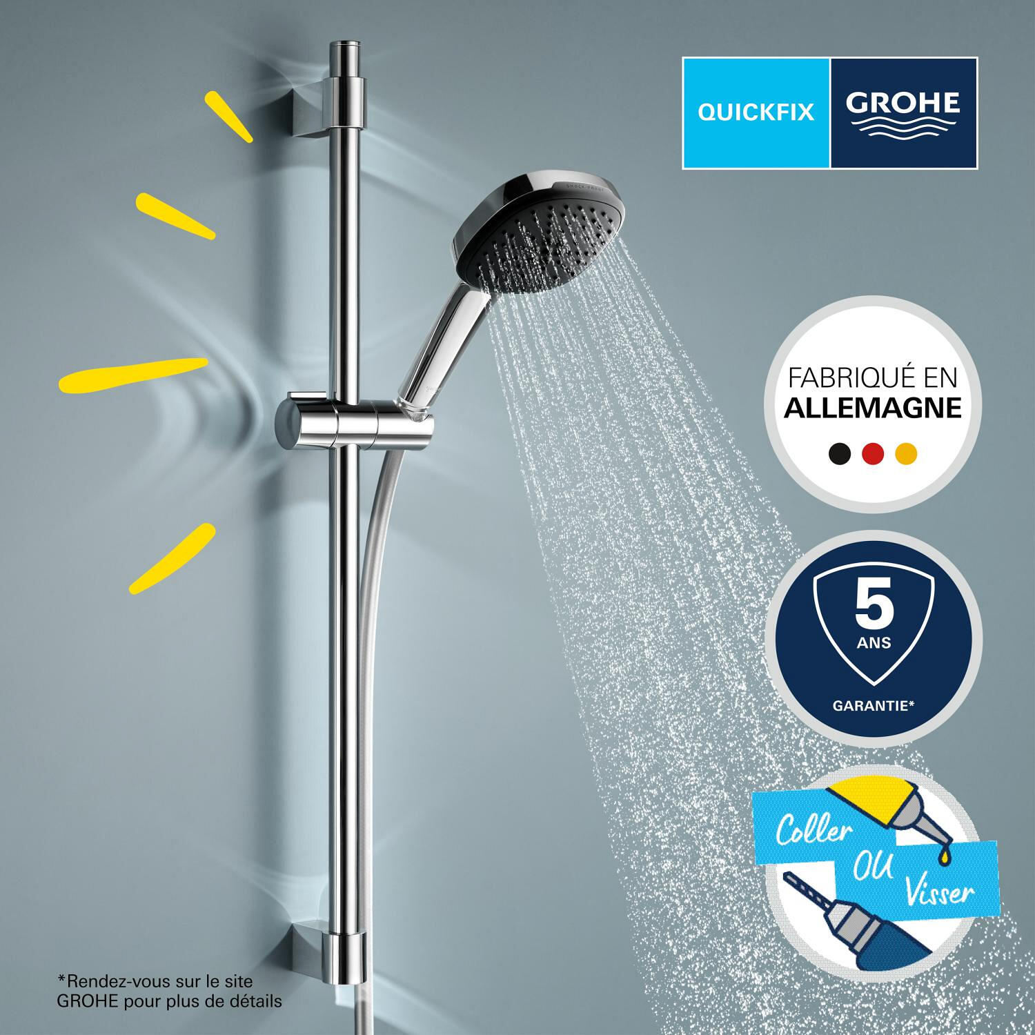 Pommeau de douche avec flexible et barre de douche 3 jet(s) chrome Vitalio comfo - 9