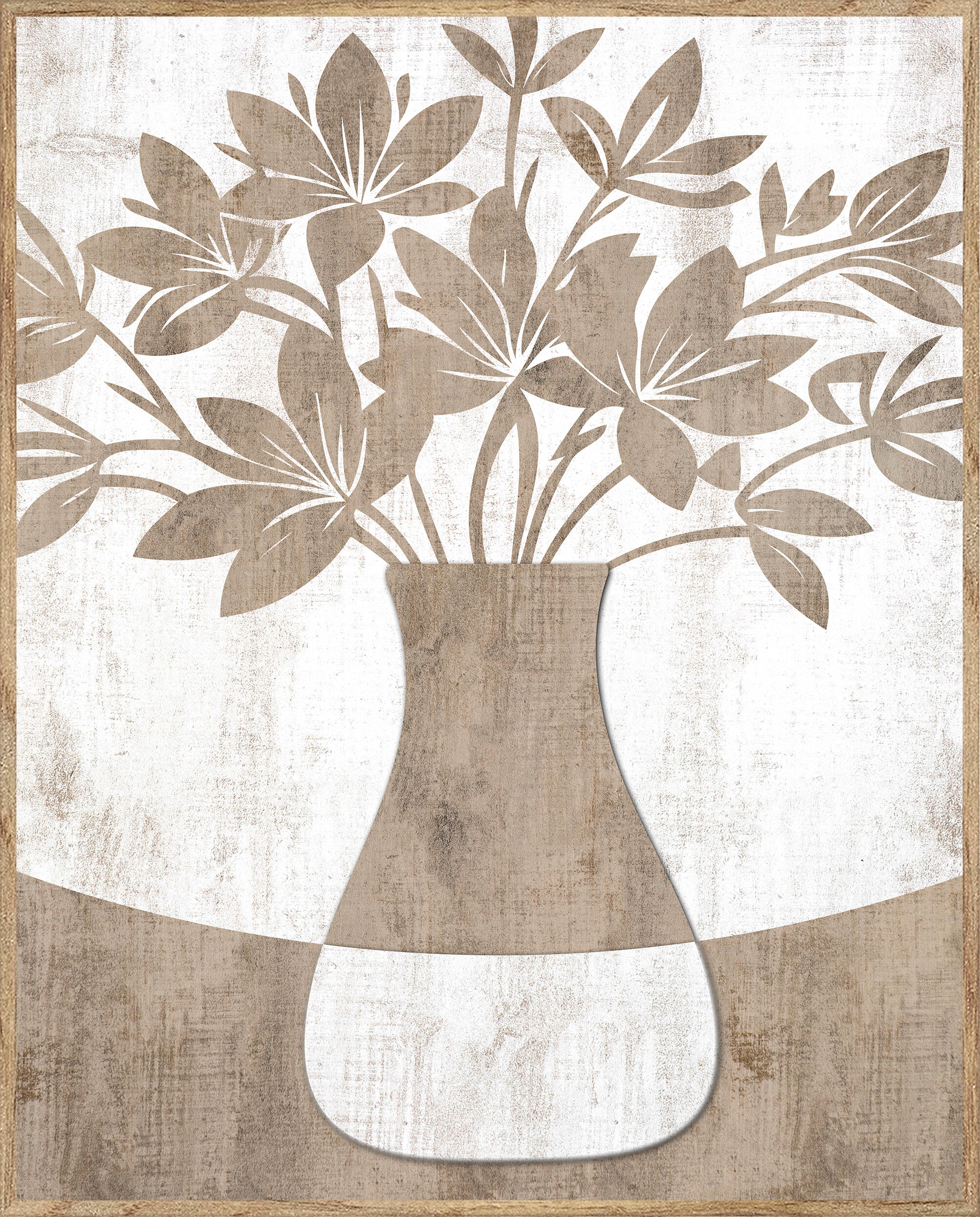 Cuadro pintura impresa enmarcada Botánica rectangular de 41 x 51 cm. MDF Jarrón flores tonos crema/marrones haya G tostado. Marco color Haya - 2