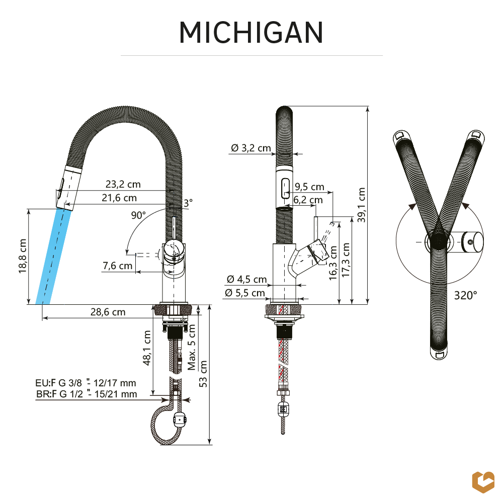 Torneira de bancada flexivel aço escovado Delinia Michigan - 12