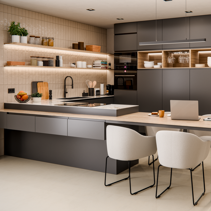Cocina con estanterías abiertas. 
