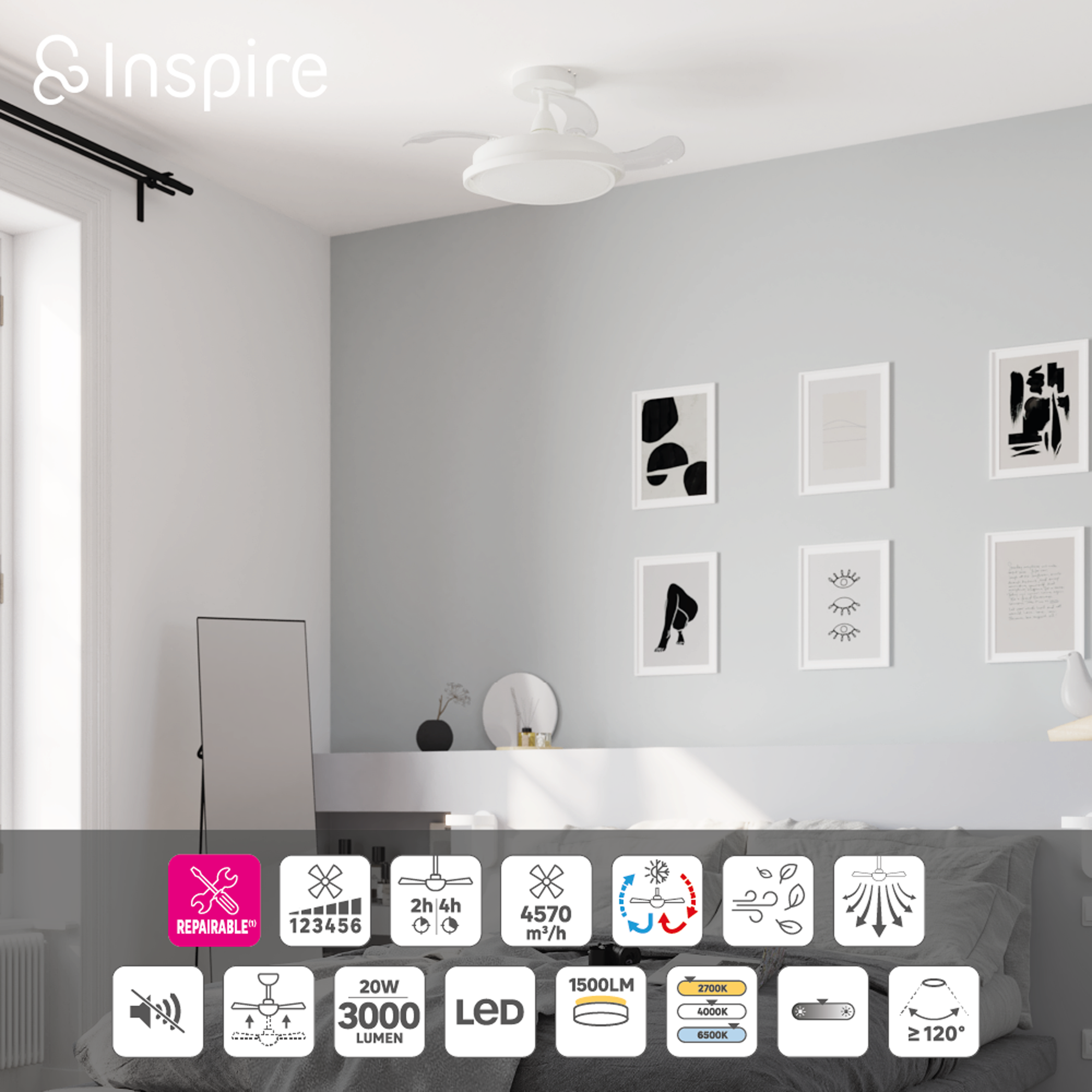 Ventilador de techo con luz silencioso DC 40W con mando ø91 cm Rosak blanco luz CCT 4 aspas retráctiles tipo lámpara| 6 velocidades| modo verano/invierno| temporizador| brisa| recomendado para <13m² - 13