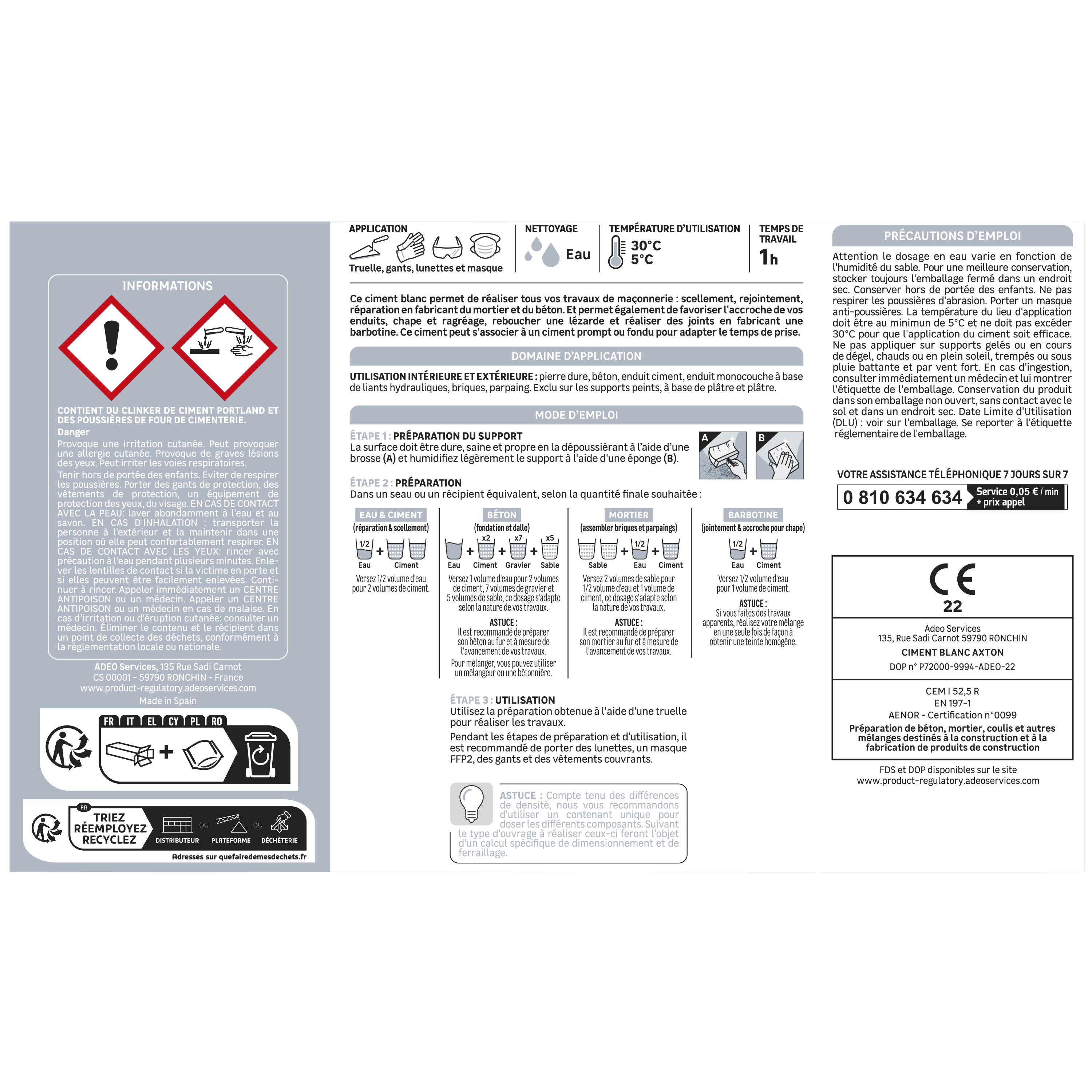 Ciment blanc AXTON CE/ CEM I, 52,5 1.5 kg - 2