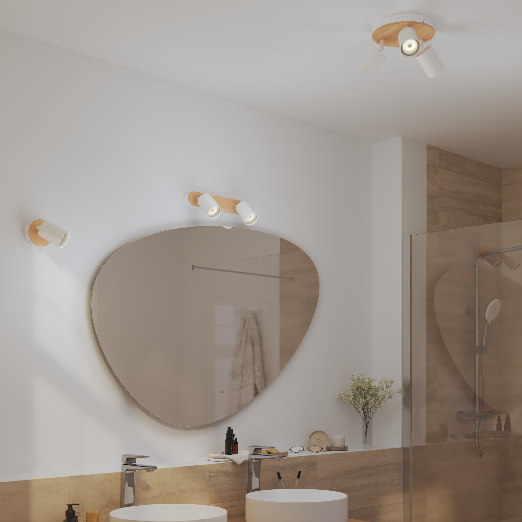 Plafon Malabe z reflektorkami 3xGU10 10W biało-drewniany IP44 Inspire - 2