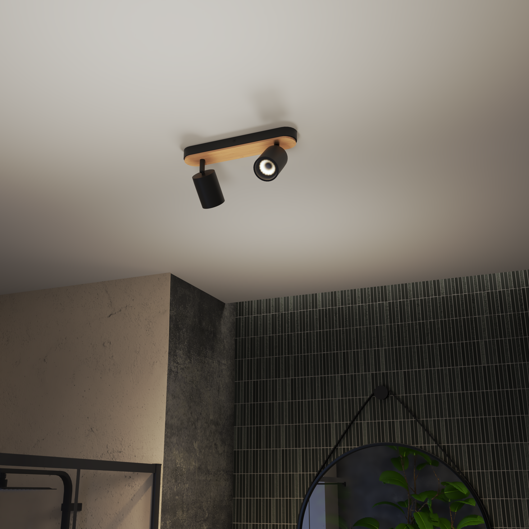 Rampe 2 spots salle de bain Malabe GU10 max 10W, bois / métal noir,  INSPIRE - 2