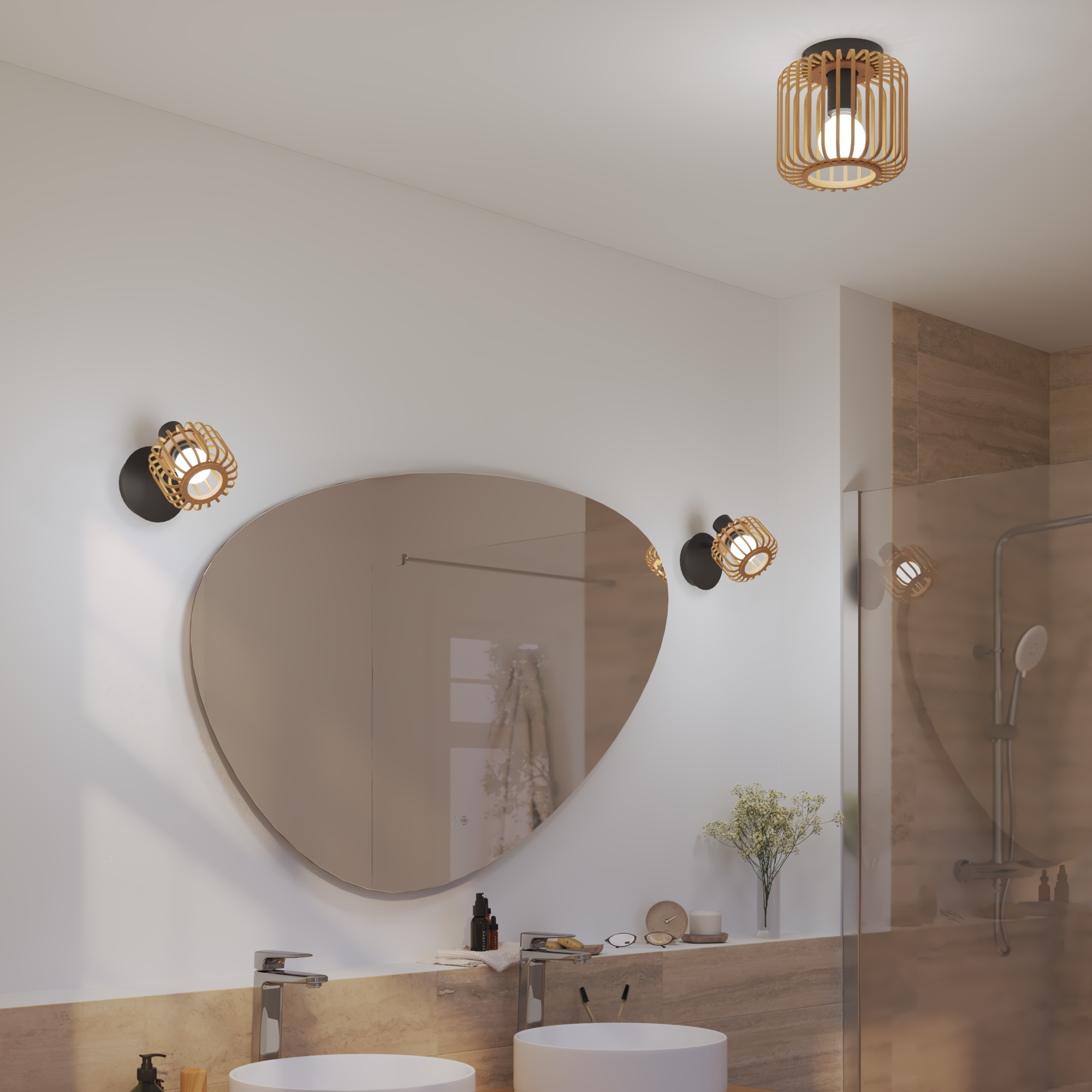 Plafonnier LED salle de bain Pecan D.19 cm, E27, bambou / métal noir, INSPIRE - 7