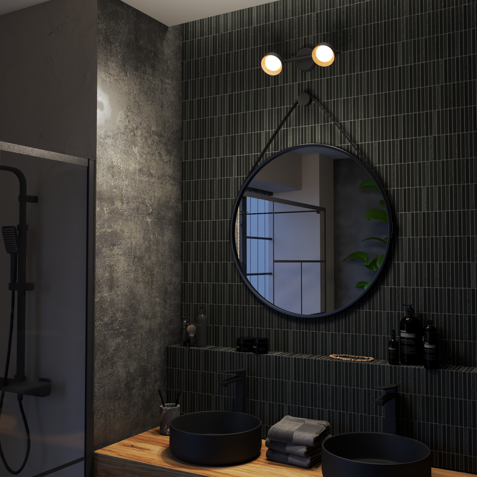 Rampe 2 spots salle de bain LED Malai, blanc neutre, bois / métal noir,  INSPIRE - 2