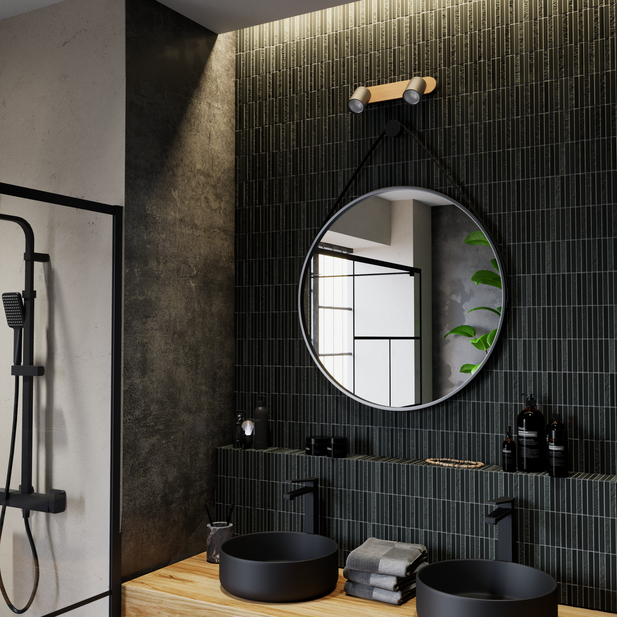 Rampe 2 spots salle de bain Malabe GU10 max 10W, bois / métal noir,  INSPIRE - 3