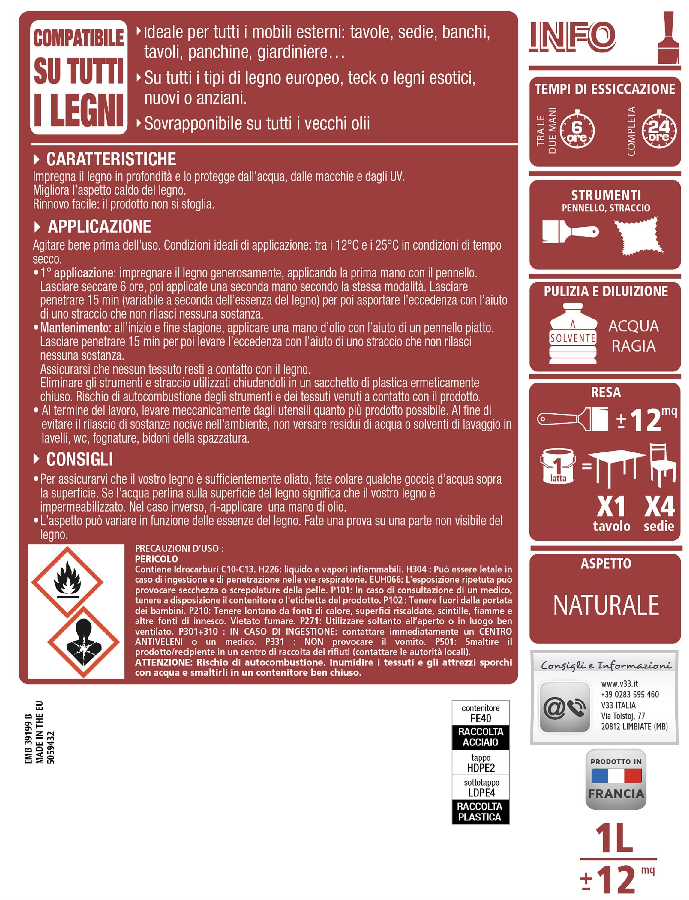 Olio per legno da esterno a con solvente V33 Mobili da giardino miele opaco 1 lt - 6