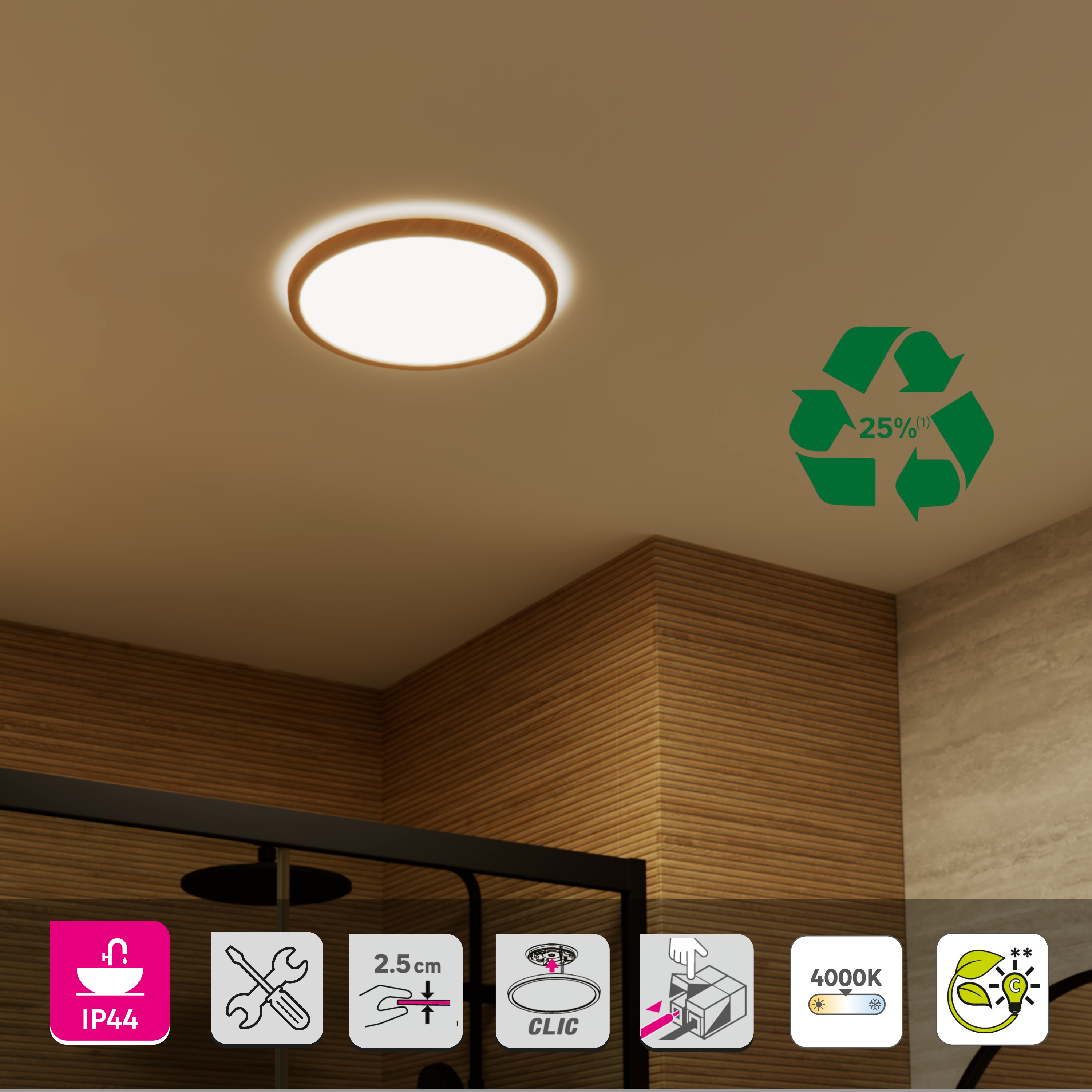 Plafonnier LED salle de bain Lano, D.29 cm 2300 lumens, coloris bois INSPIRE - 3