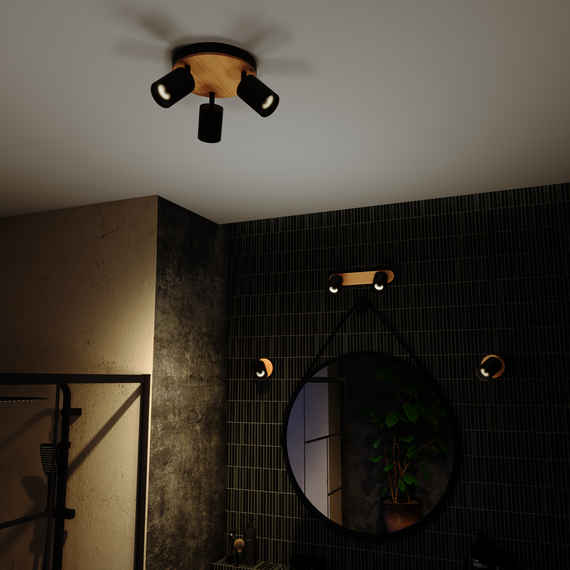 Rampe 2 spots salle de bain Malabe GU10 max 10W, bois / métal noir,  INSPIRE - 6