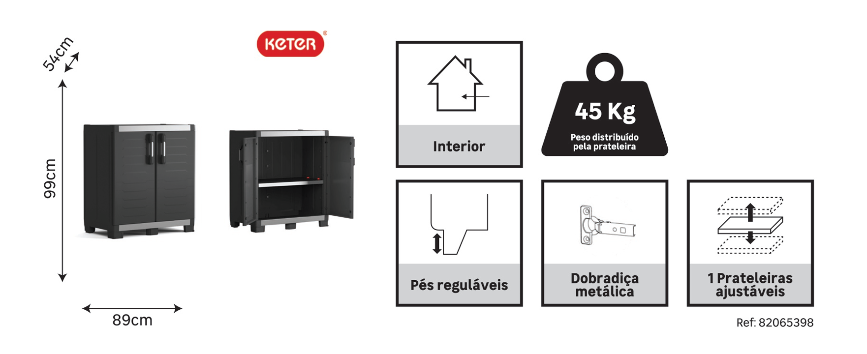 Armário em PVC baixo interior preto 2 portas 89x54x99 cm Pro XL - 8