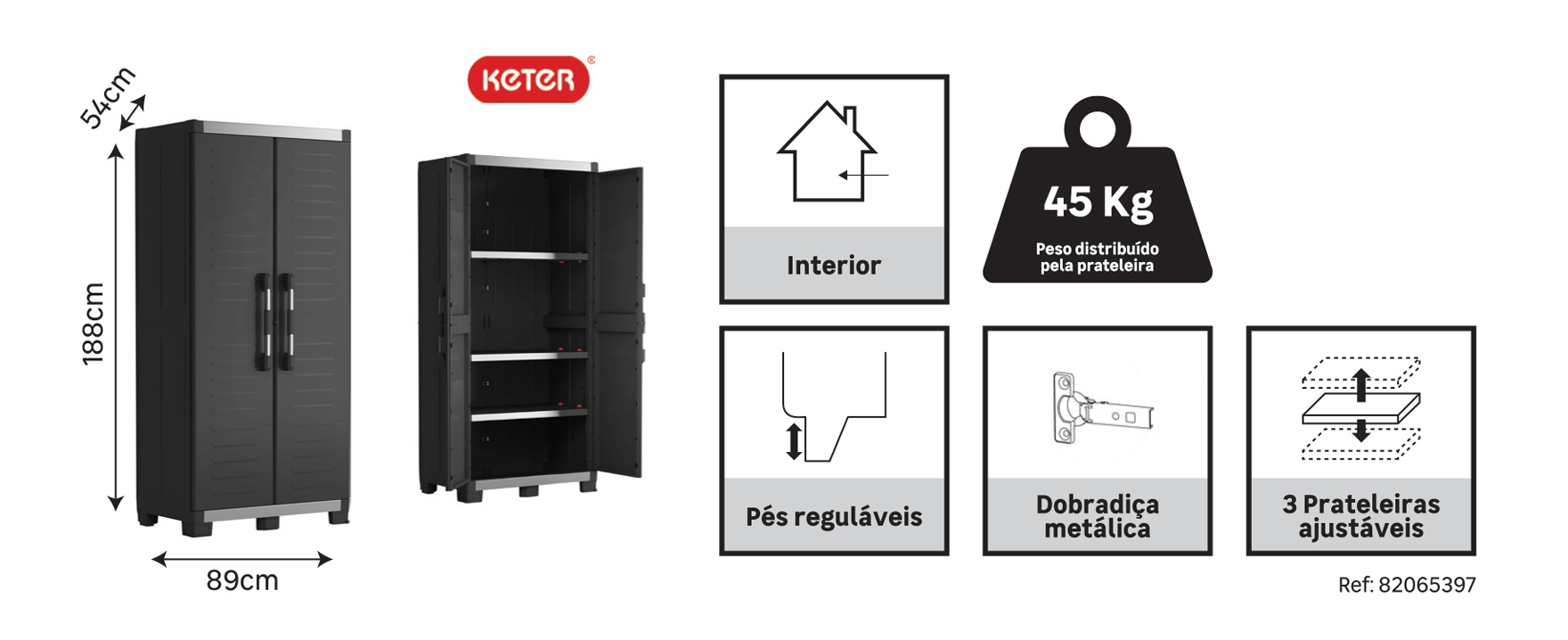 Armário em PVC alto interior preto 2 portas 188x89x54 cm Pro XL - 7