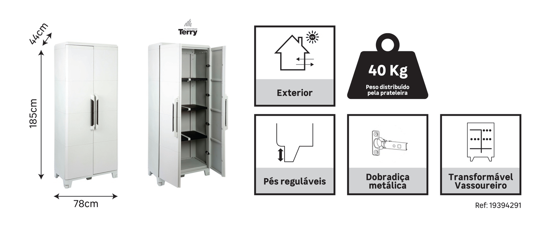 Armário em PVC alto exterior cinza 2 portas 185x78x44 cm Transforming - 10