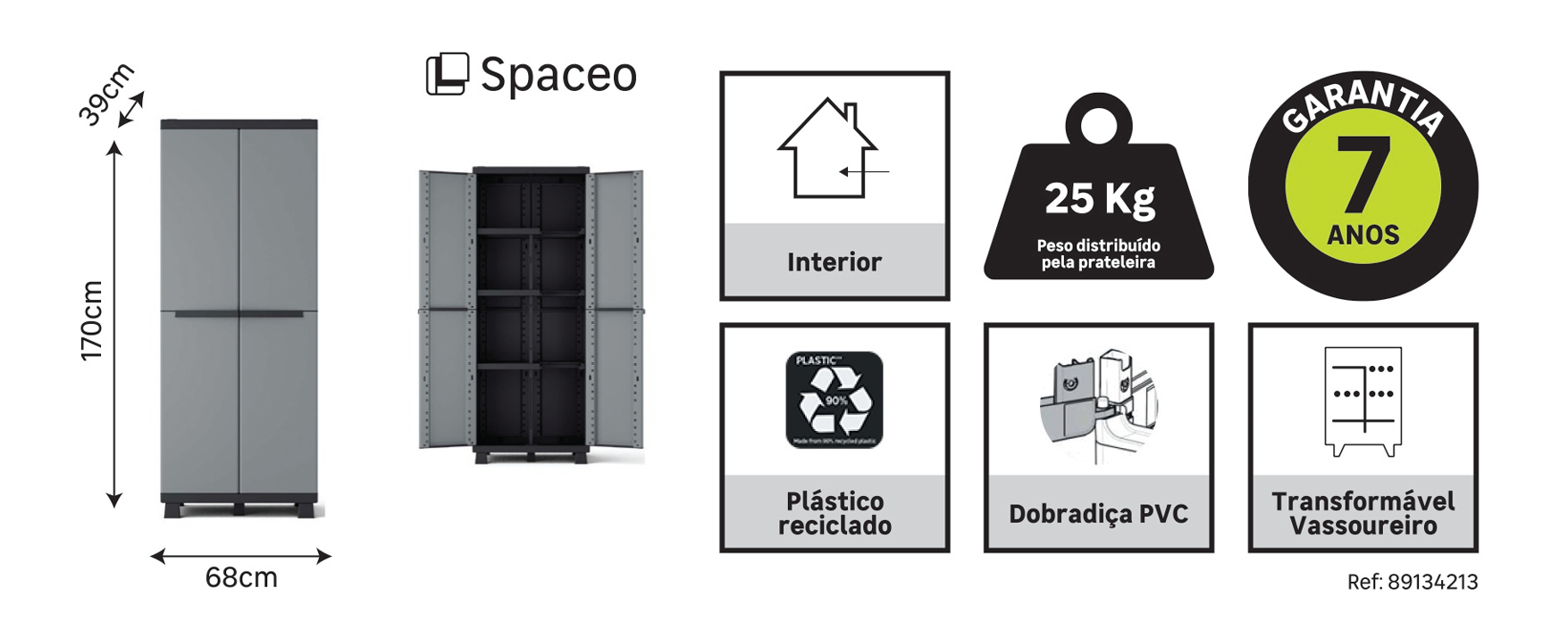 Armário em PVC alto interior cinza 170x68x39 cm Spaceo Gary - 10