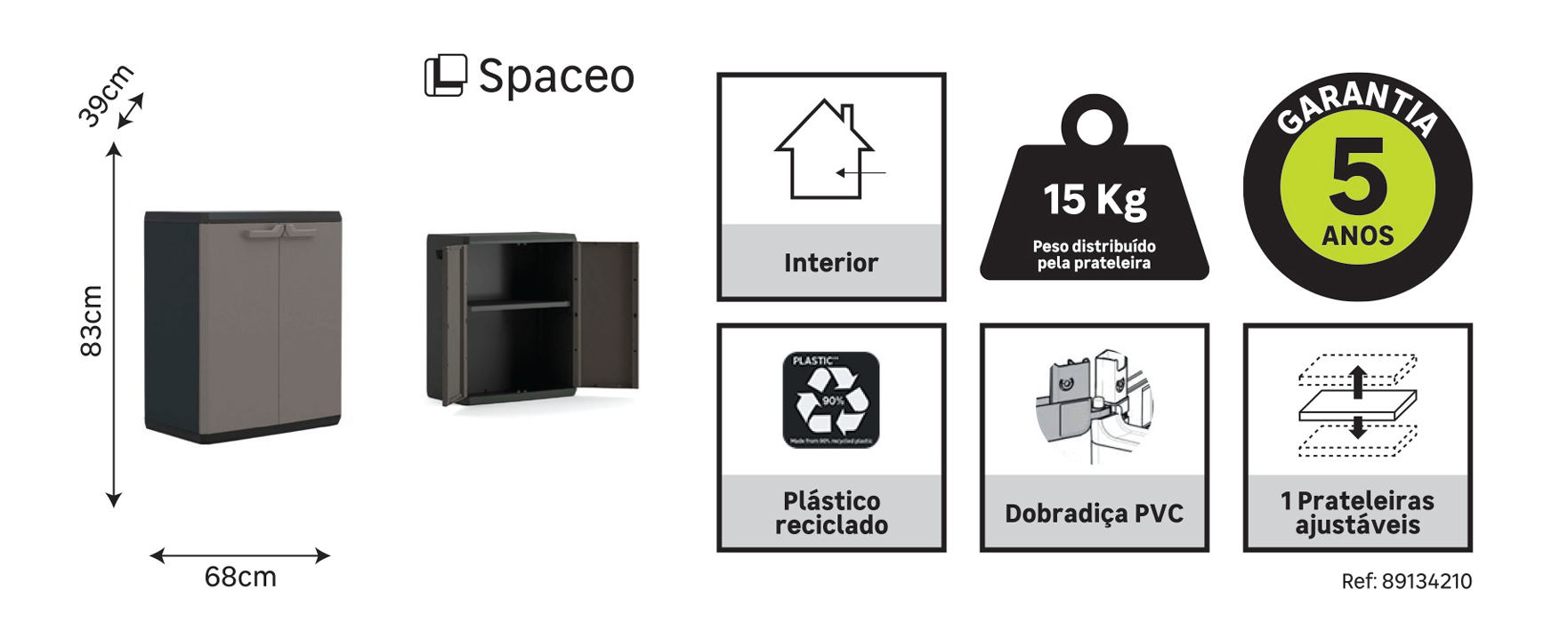Armário em PVC baixo interior preto cinza 83x68x39 cm - 11