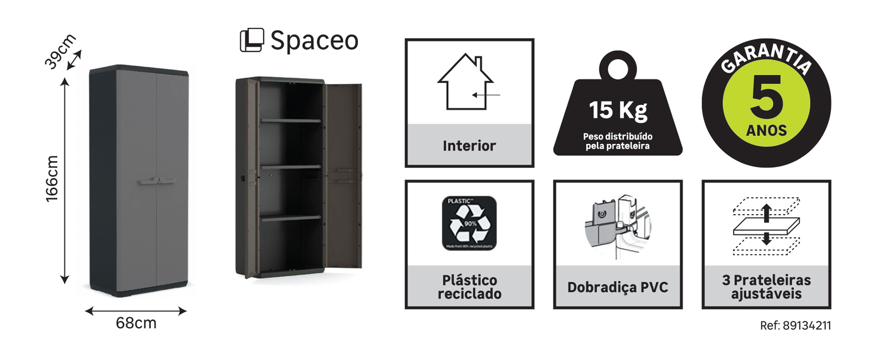 Armário alto PVC interior preto cinza 68x39x166 cm - 10