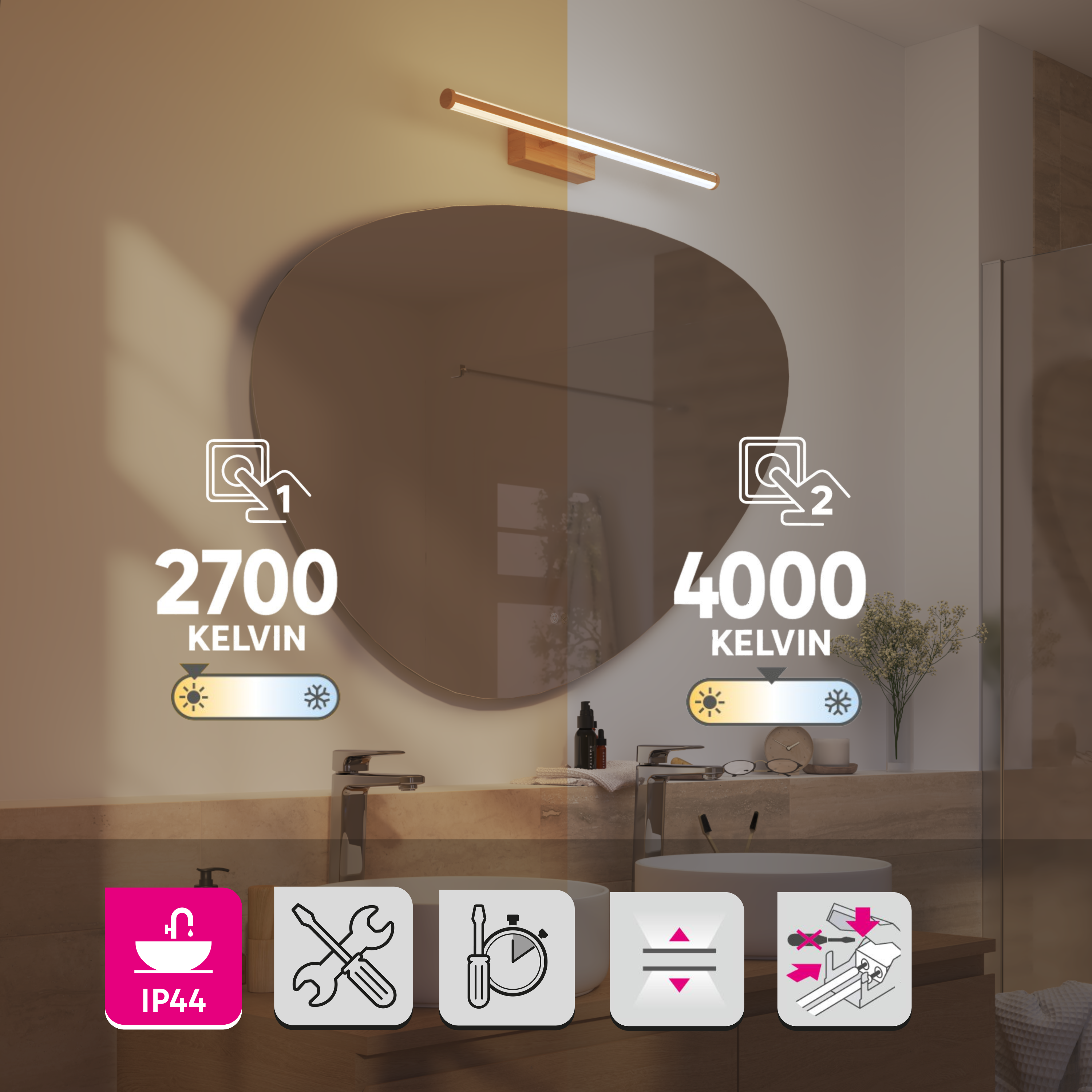 Applique LED salle de bain Gabri L.60,8cm,blanc chaud/neutre coloris bois INSPIR - 2