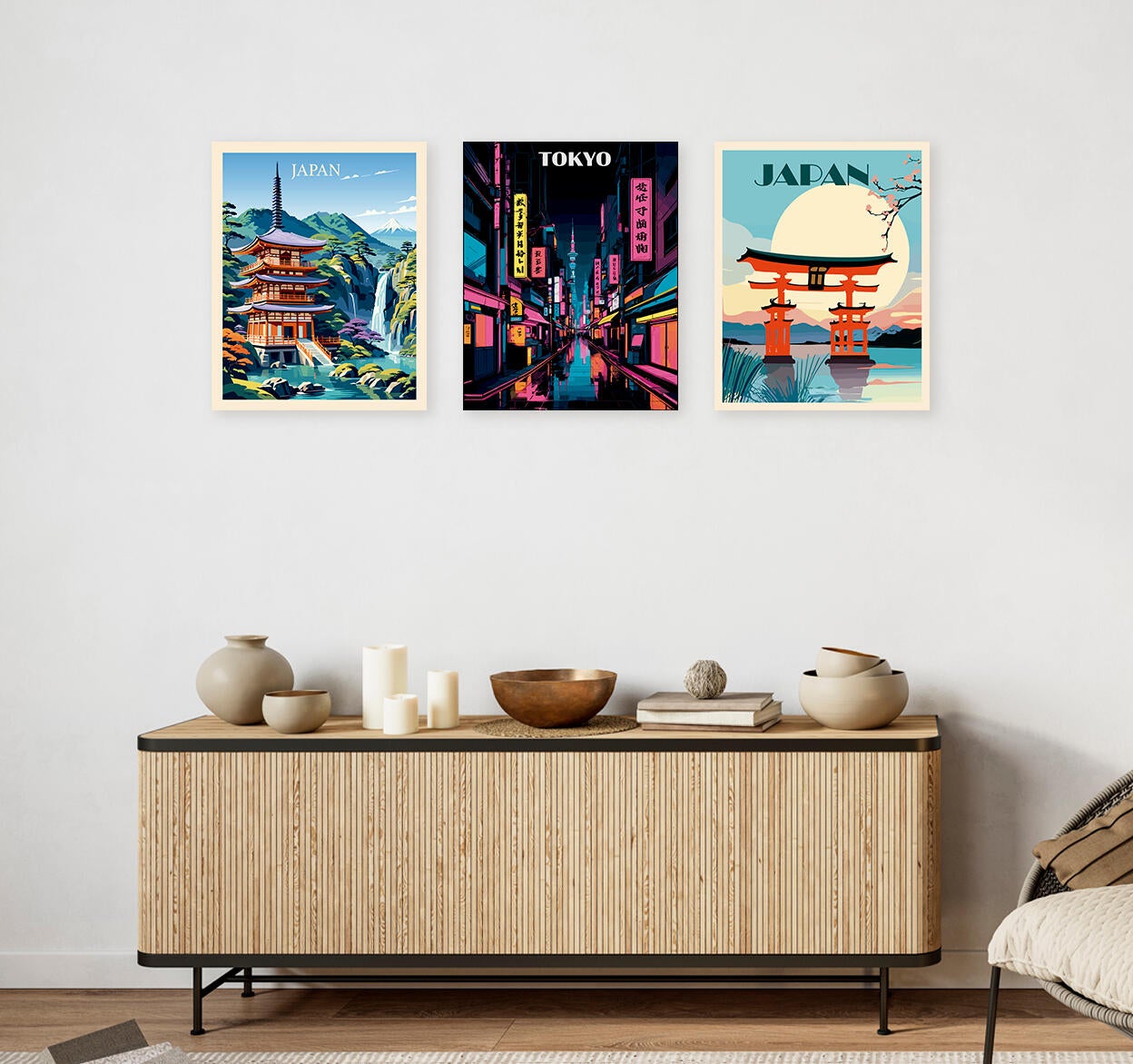 Objeto decorativo sin marco Urban city rectangular de 40 x 50 cm. MDF Ciudad Japon pasteles cálidos - 7