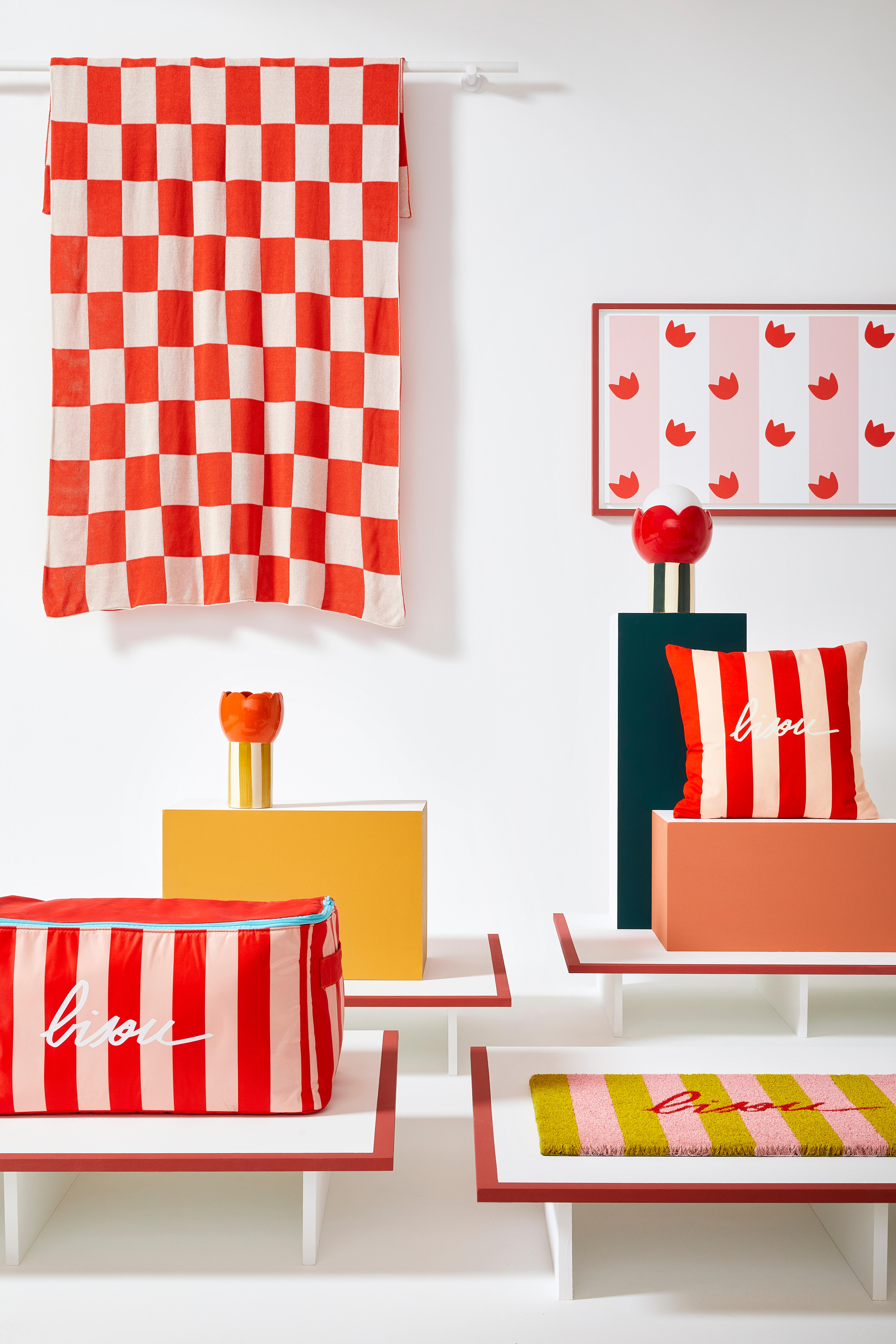 Plaid damier Mathilde Cabanas Bisou, écru et rouge l.120 x L.168 cm - 2