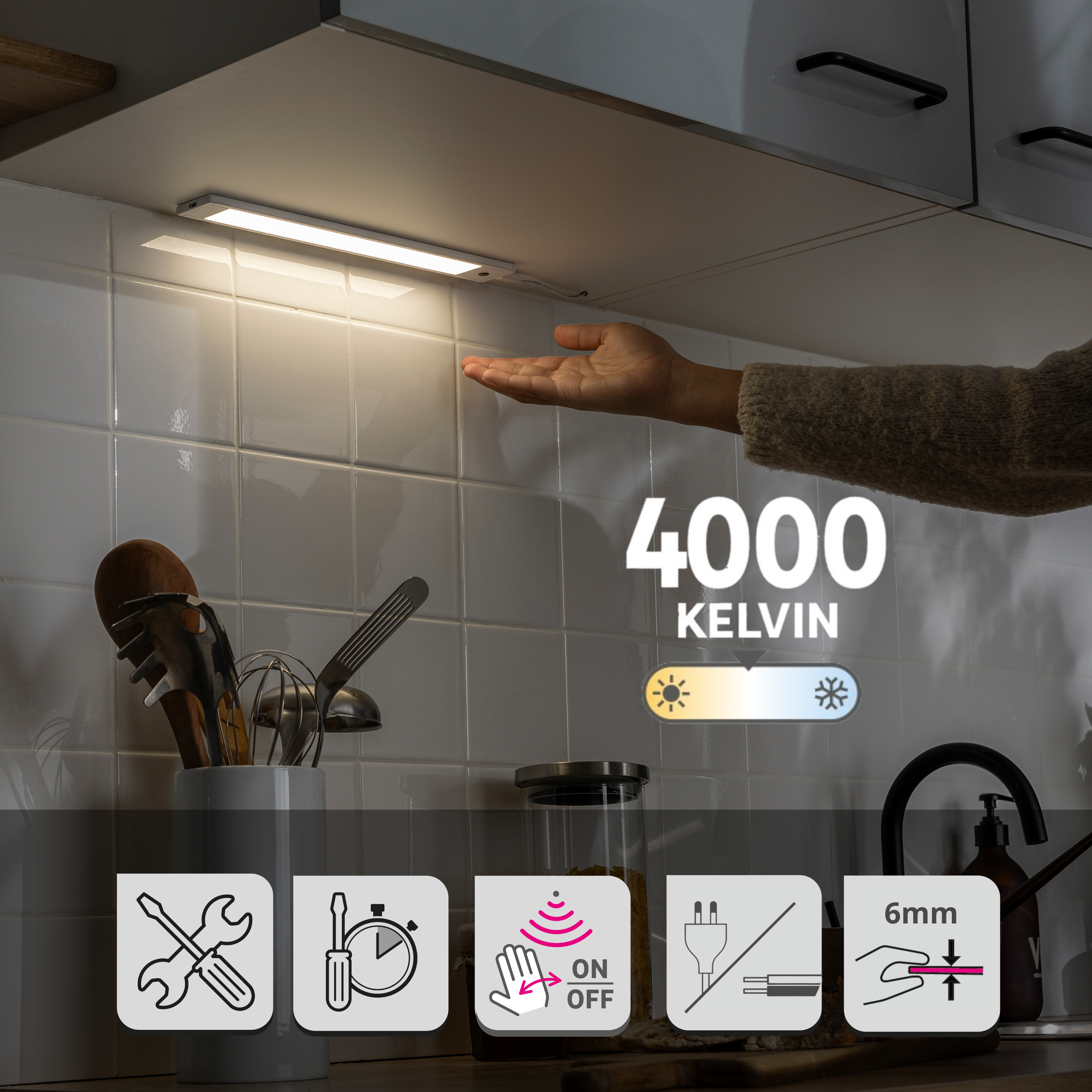 Réglette dessous de meuble LED Dufla L.30cm détection main, blanc neutre INSPIRE - 2