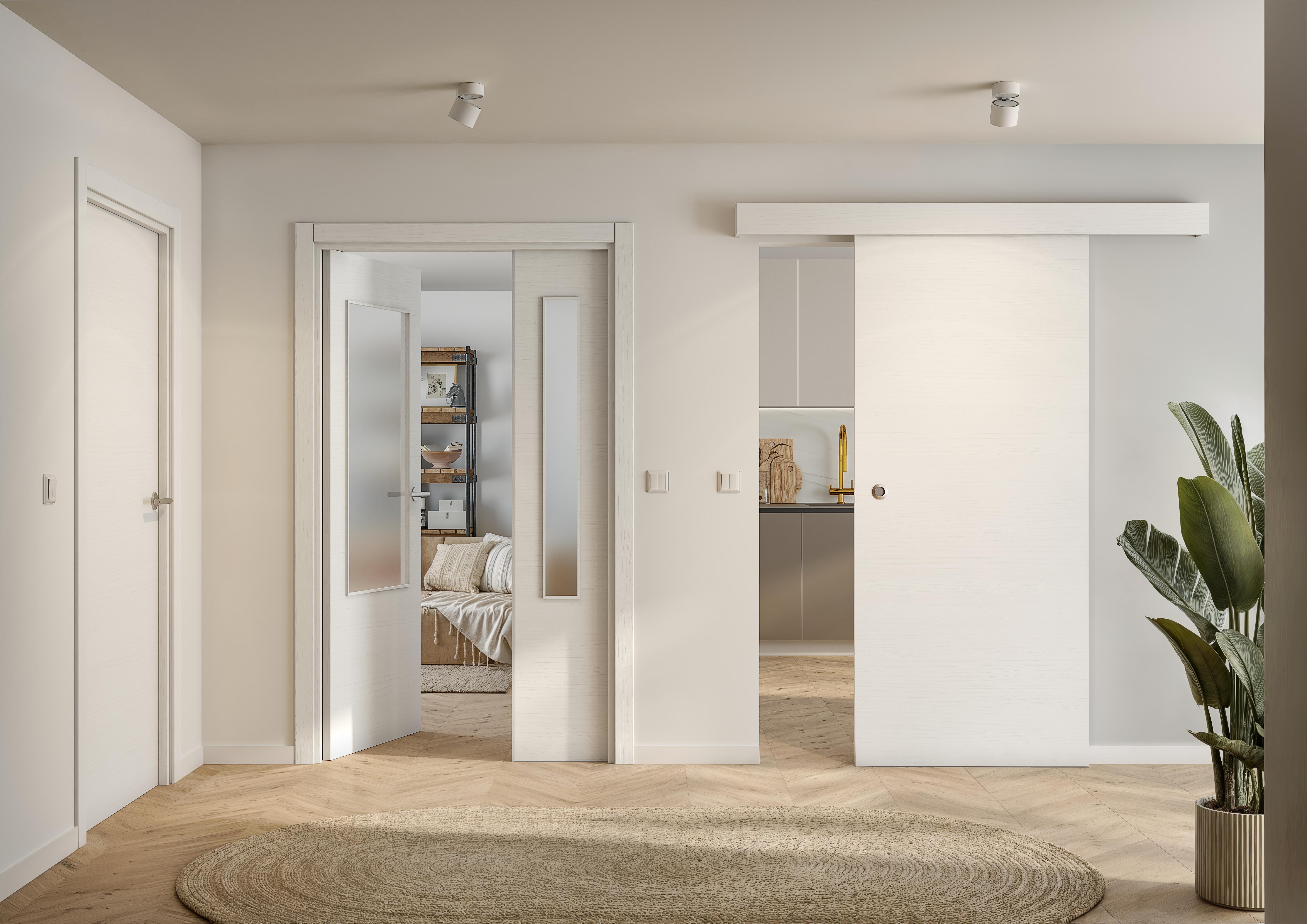 Puerta de interior abatible doble vidriera con cristal incluido maciza acabado laminado Line Bari Nordic Blanco veteado apertura izquierda cerco de 11x3 anchura 145 cm - 3