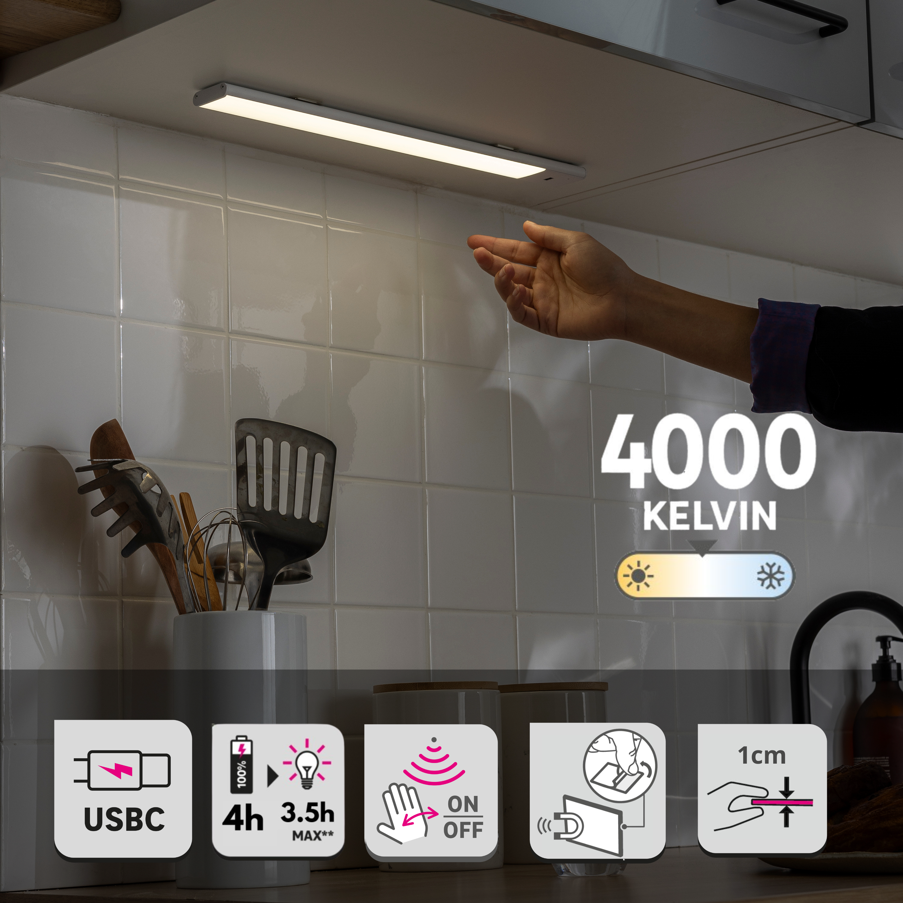 Réglette dessous de meuble LED Maxo L.40 cm détection main, blanc neutre INSPIRE - 2