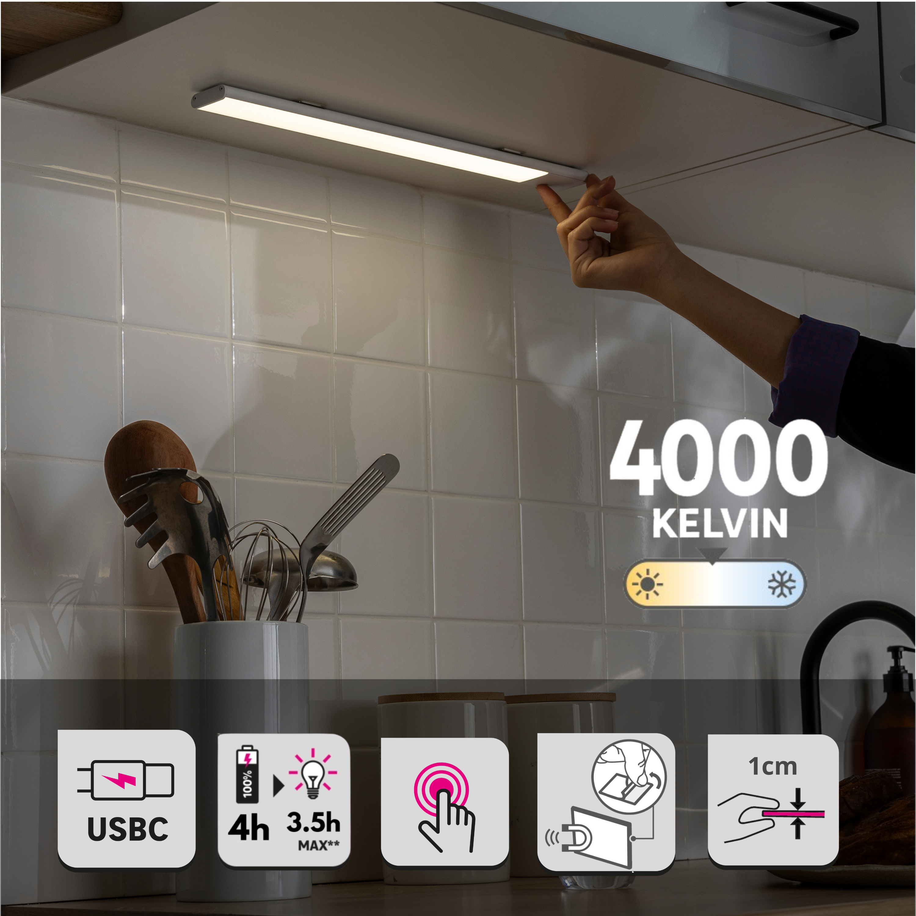 Réglette LED Maxo tactile, rechargeable USB, L.40 cm, blanc neutre INSPIRE - 2