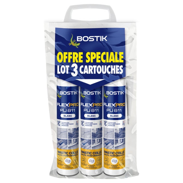 Lot de 3 colle de fixation gel polyuréthane Flexpro pu 811 BOSTIK, 300ml blanc
