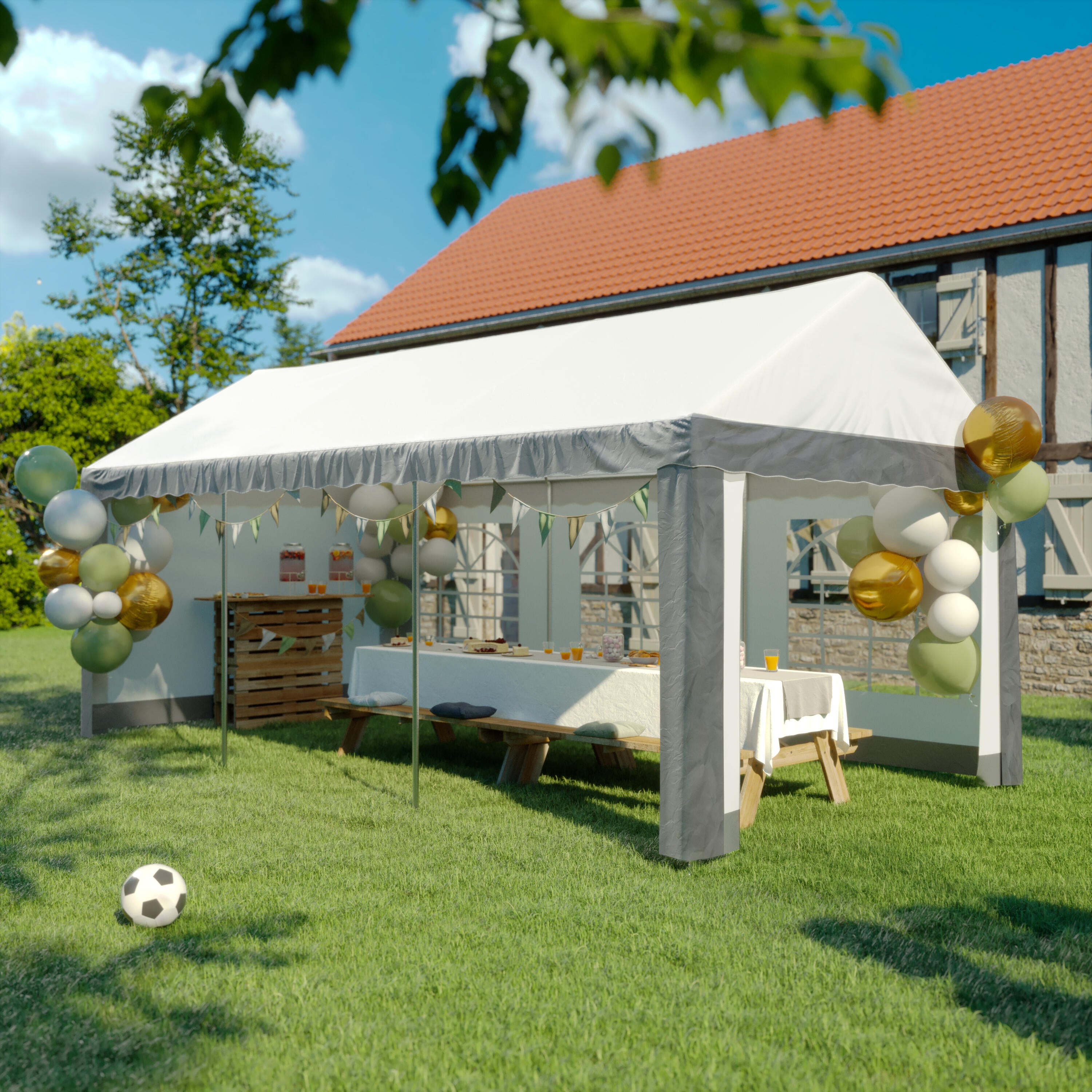 cenador de aluminio con cubierta y cortinas naterial fiesta de 293 x 598 cm gris