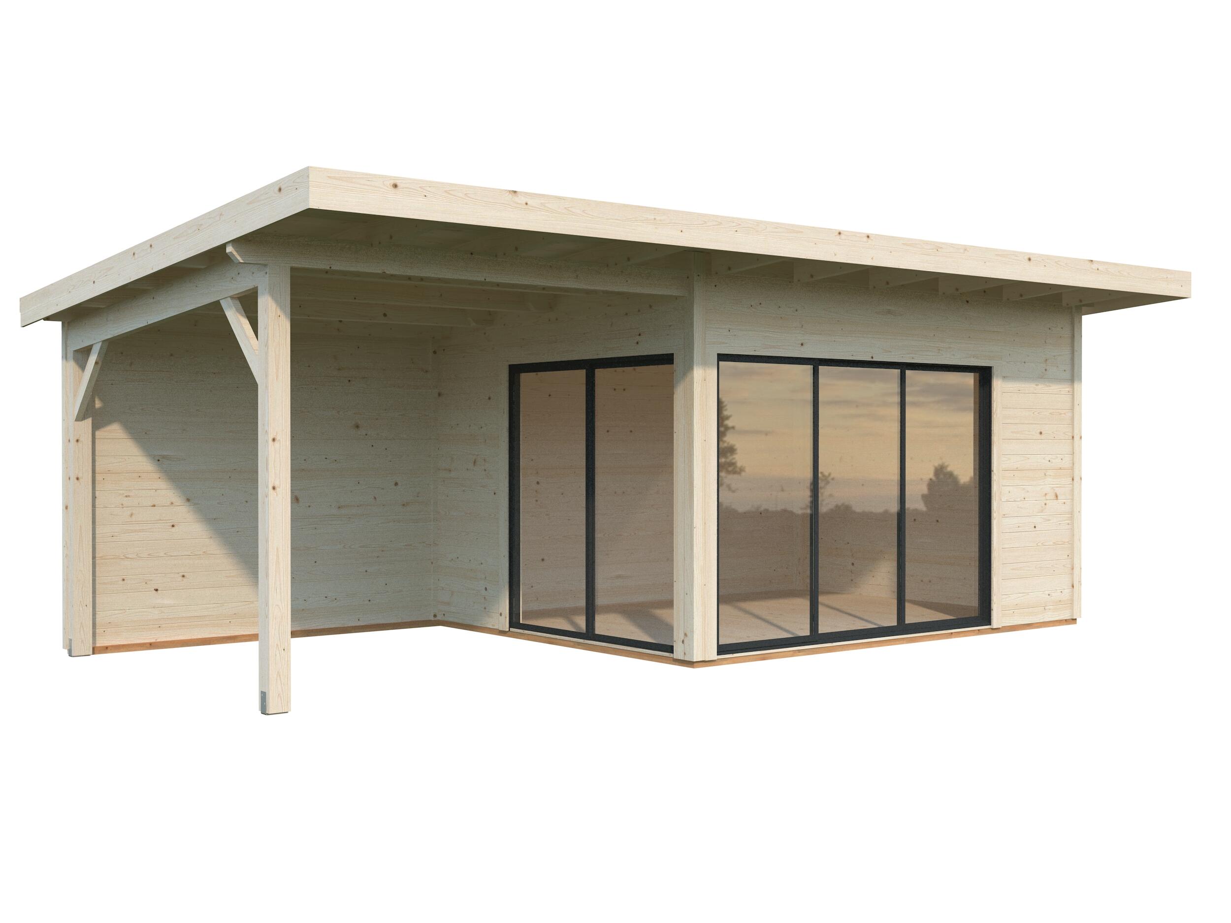 caseta de madera andrea de 402x264x715 cm y 2874 m2 con 44 mm espesor y doble puerta corredera palmako