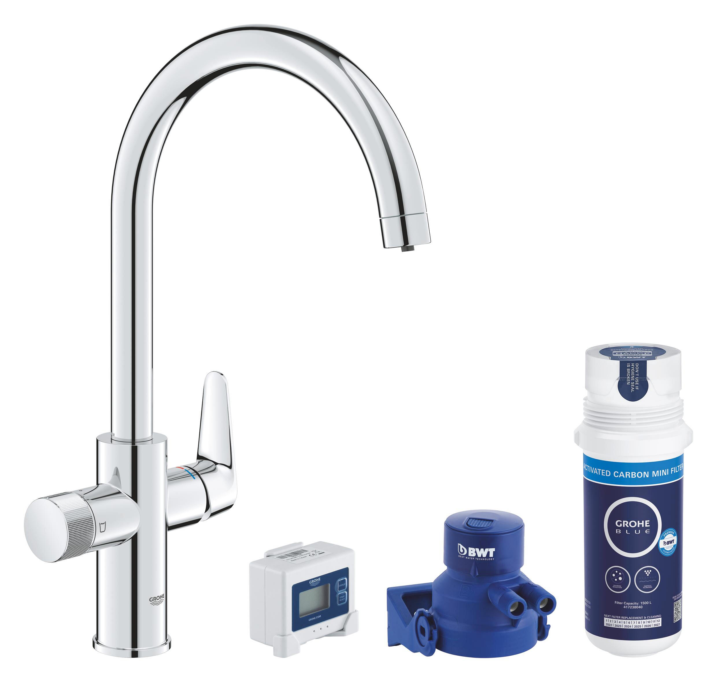 Grifo de cocina caño alto en c con filtro grohe blue pure startcurve en cromado