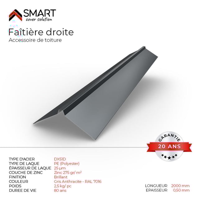 Faitière droite gris H12/H25 L 2m