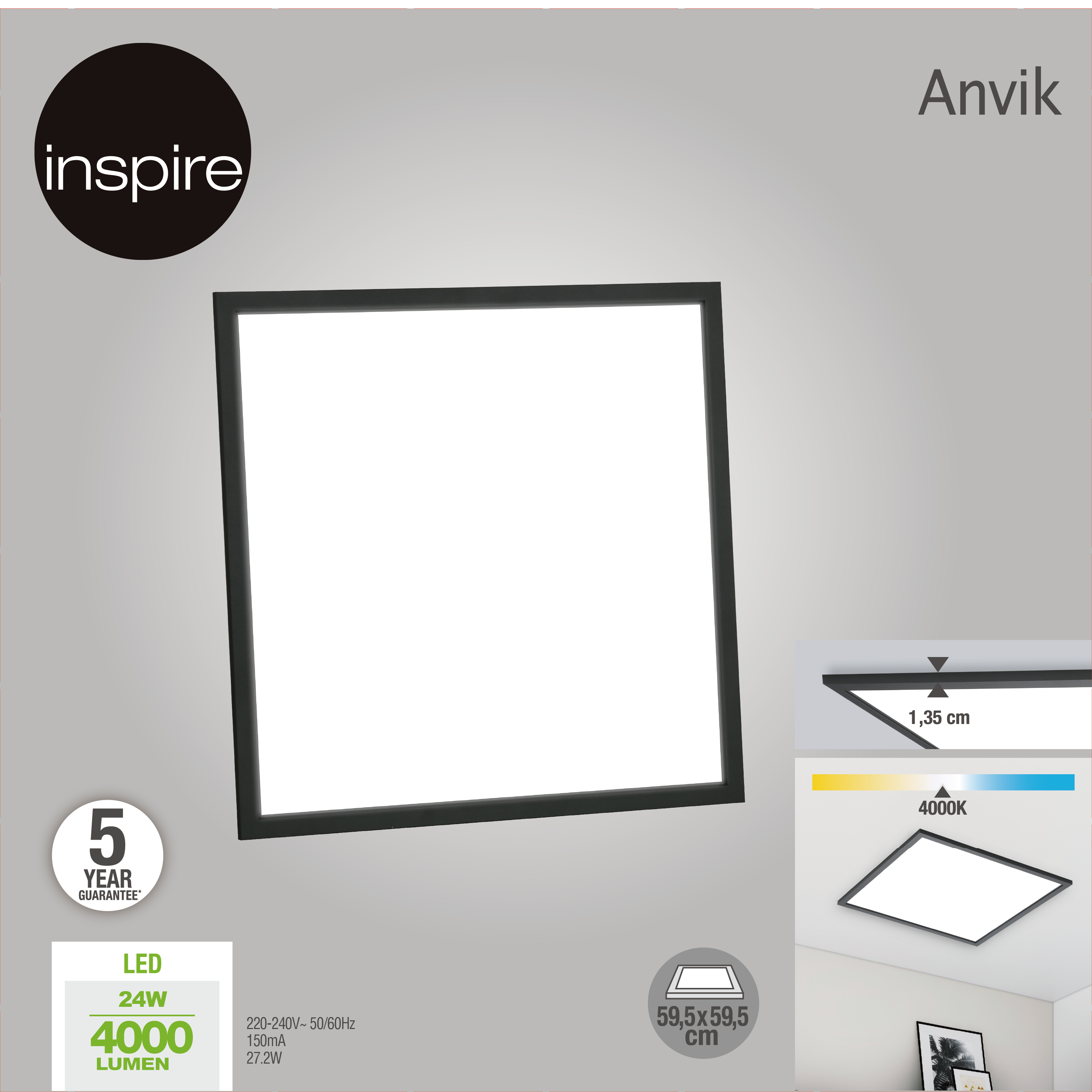Panneau LED Anvik, 59.5 x 59.5 cm, blanc neutre, noir INSPIRE - 8