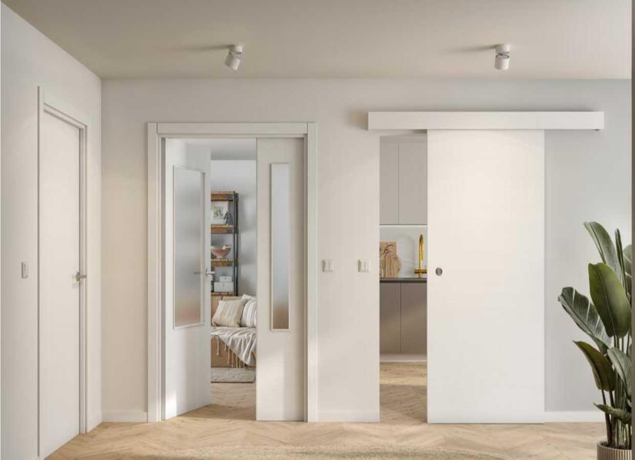 Puerta de interior abatible doble vidriera con cristal incluido maciza acabado laminado Line Bari Nordic blanco apertura izquierda cerco de 7x3 anchura 145 cm - 2