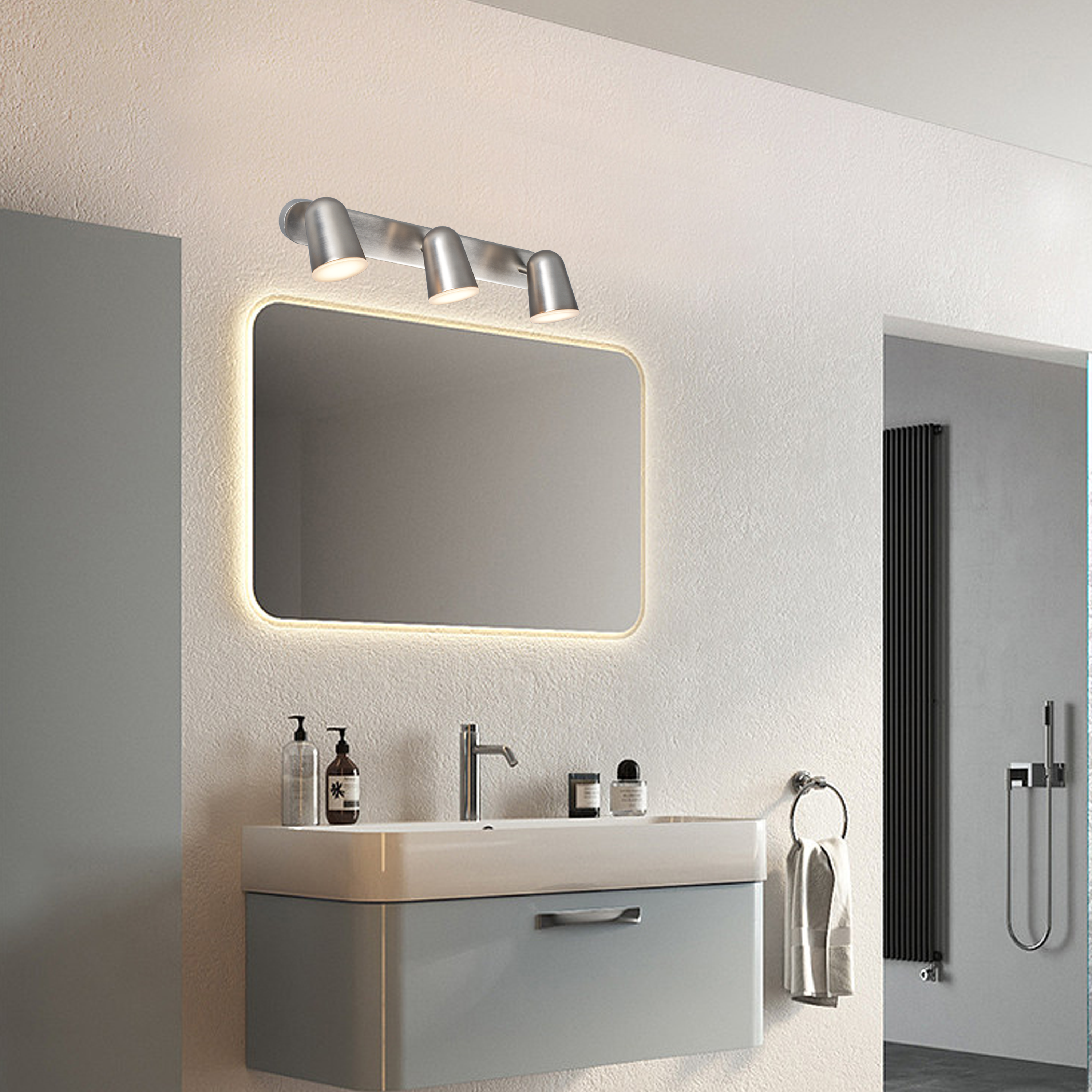 Rampe 3 spots salle de bain GU10 max 10W, nickel - 2