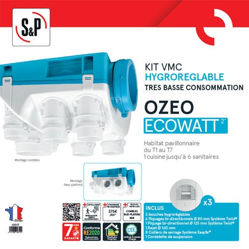 Kit VMC simple flux hygroréglable S&P Ozeo ecowatt 2' - 6