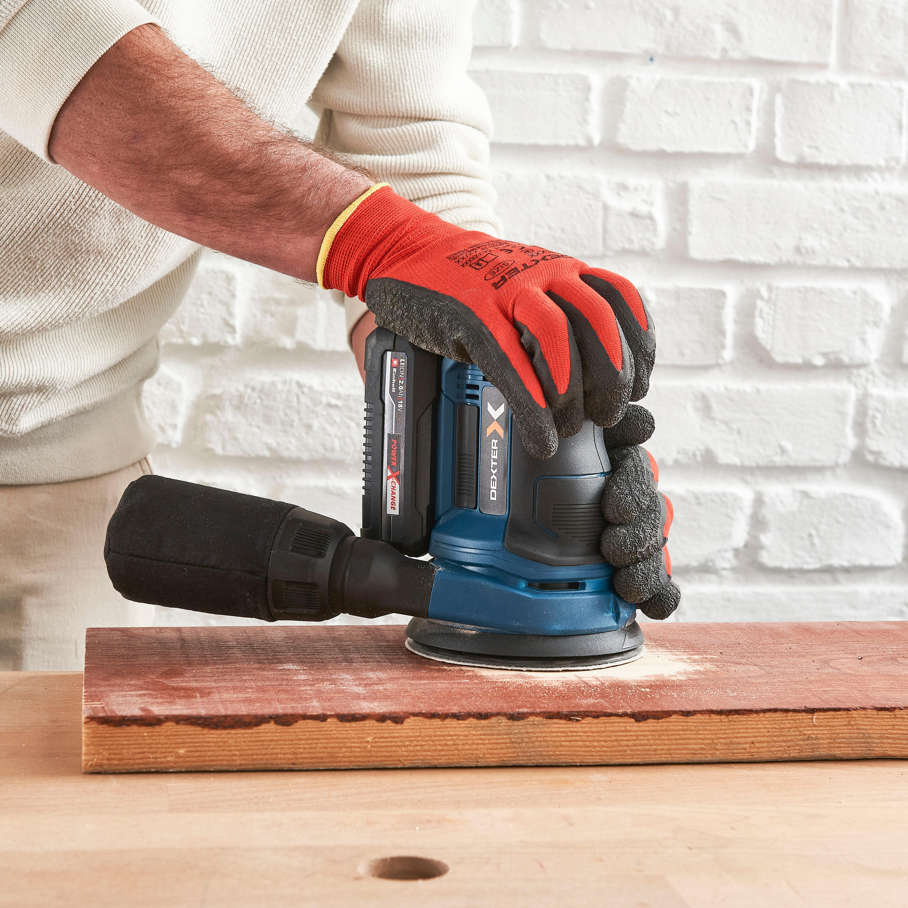 Szlifierka mimośrodowa 18V 125 mm Power X-Change + akumulator 2,0 AH, ładowarka, papier ścierny 80 Dexter - 3