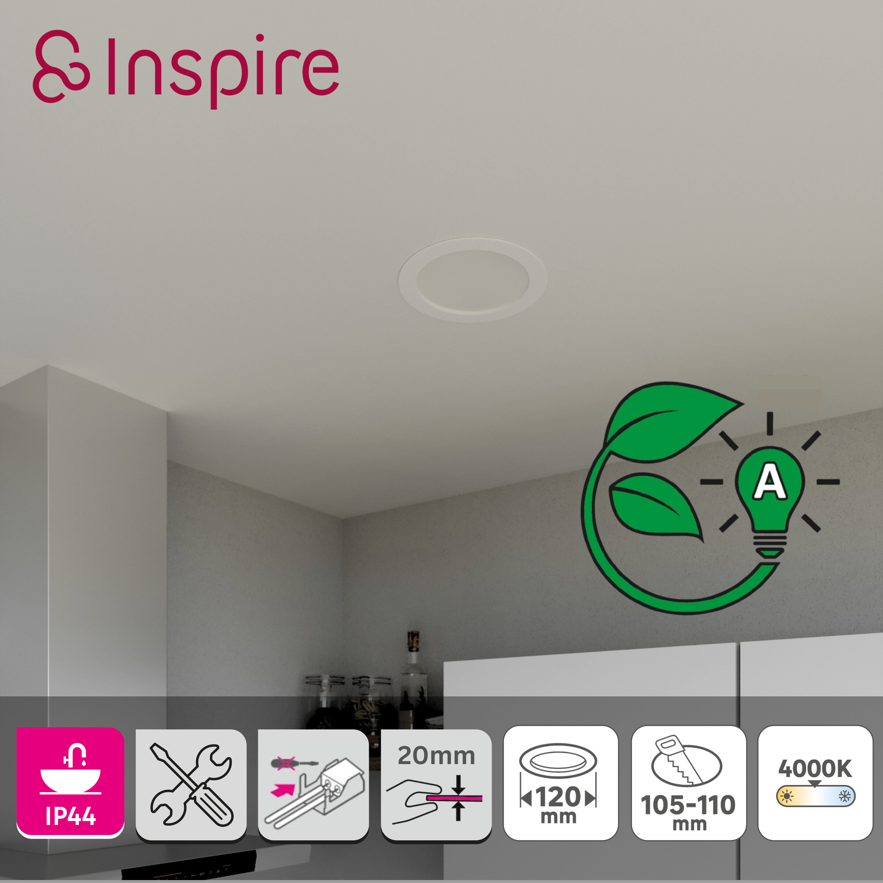 Downlight LED empotrable INSPIRE EXTRAFLAT blanco redondo ø22.5 cm 2200 lm 9.7 W luz blanco neutro 4000K CRI 89-80 luz natural y fiel IP44 - Foco LED empotrado para baños - 2